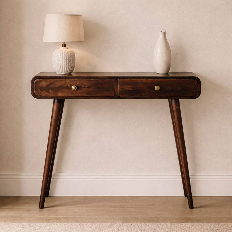 Alt View 6. Artisan Furniture - Artisan Furniture Solid Wood California Walnut Curved Hallway Table, 2 Drawer, Brown - Brown.