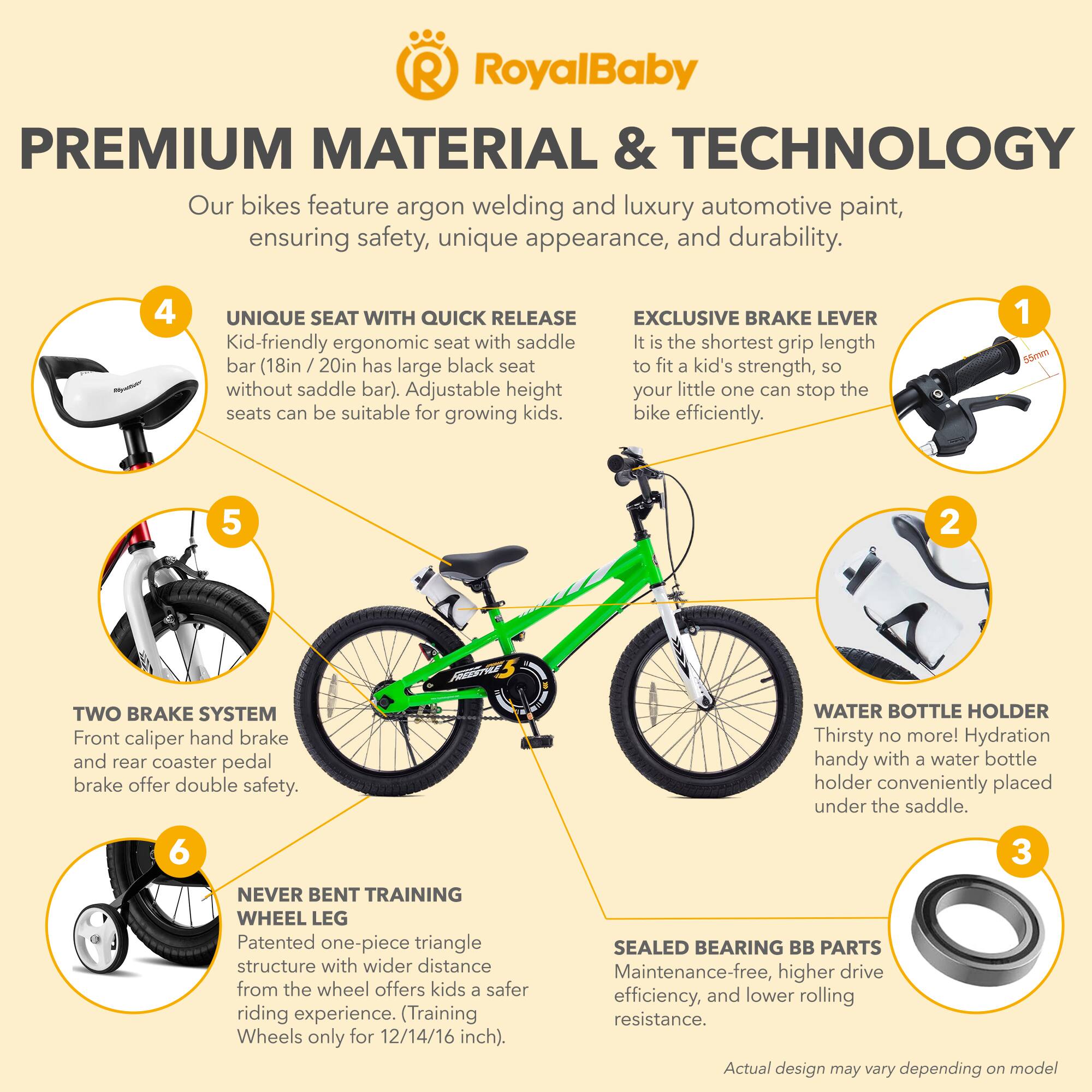 RoyalBaby PREMIUM MATERIAL & TECHNOLOGY  
Our bikes feature argon welding and luxury automotive paint, ensuring safety, unique appearance, and durability.  

1. EXCLUSIVE BRAKE LEVER  
It is the shortest grip length bar (18in / 20in has large black seat to fit a kid's strength, so your little one can stop the bike efficiently.  

2. UNIQUE SEAT WITH QUICK RELEASE  
Kid-friendly ergonomic seat with saddle bar (18in / 20in has large black seat to fit a kid's strength, so without saddle bar). Adjustable height seats can be suitable for growing kids.  

3. SEALED BEARING BB PARTS  
Maintenance-free, higher drive efficiency, and lower rolling resistance.  

4. TWO BRAKE SYSTEM  
Front caliper hand brake and rear coaster pedal brake offer double safety.  

5. WATER BOTTLE HOLDER  
Thirsty no more! Hydration handy with a water bottle holder conveniently placed under the saddle.  

6. NEVER BENT TRAINING WHEEL LEG  
Patented one-piece triangle structure with wider distance from the wheel offers kids a safer riding experience. (Training Wheels only for 12/14/16 inch).  

Actual design may vary depending