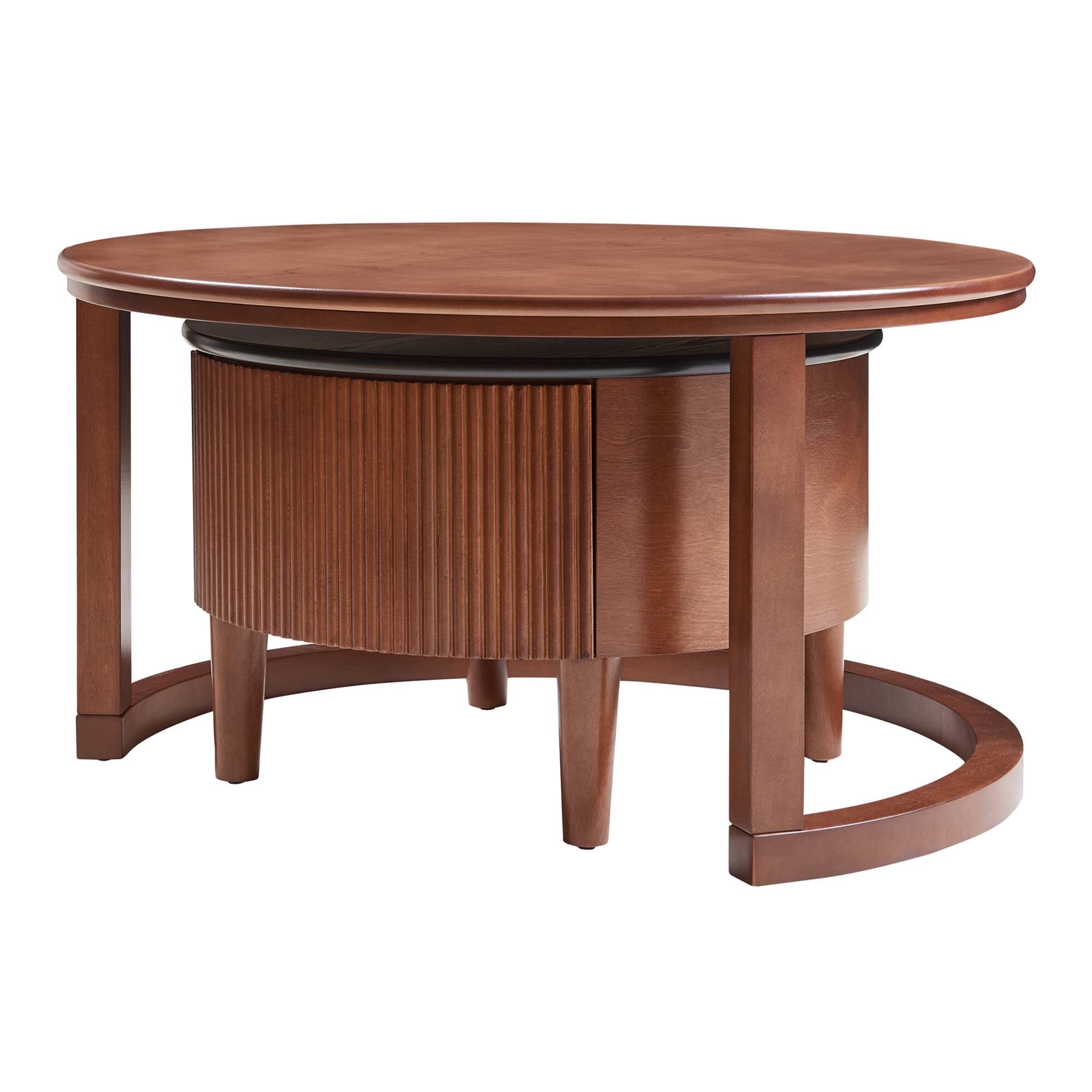 Alt View 5. GOODSILO - Vintage Round Nesting Coffee Table Set with Fluted Drawer in Two-Tone Finish - Walnut.