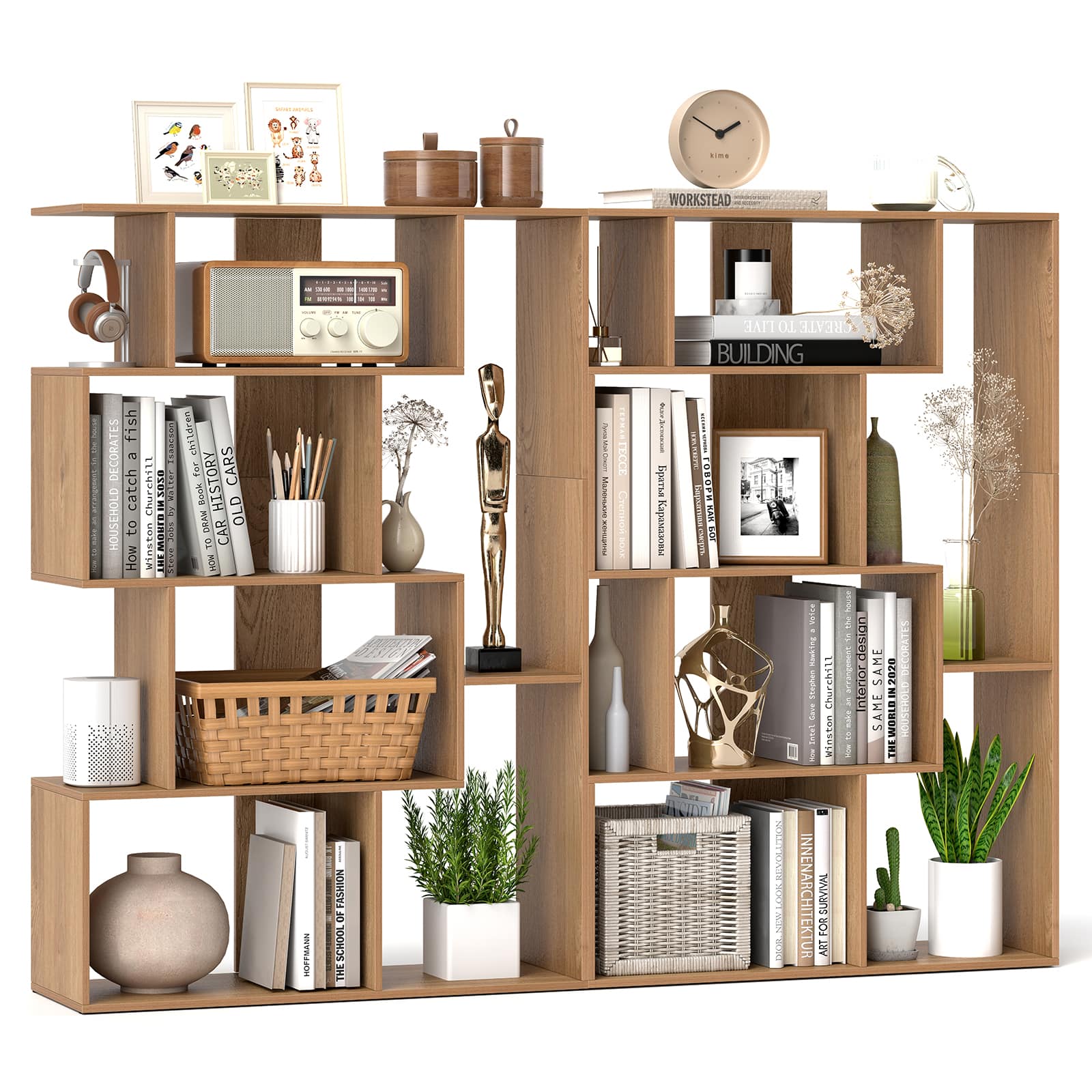 Gymax - 2 PCS 47'' Open-back Geometric Bookshelf Free-standing Storage Shelf Unit - Natural