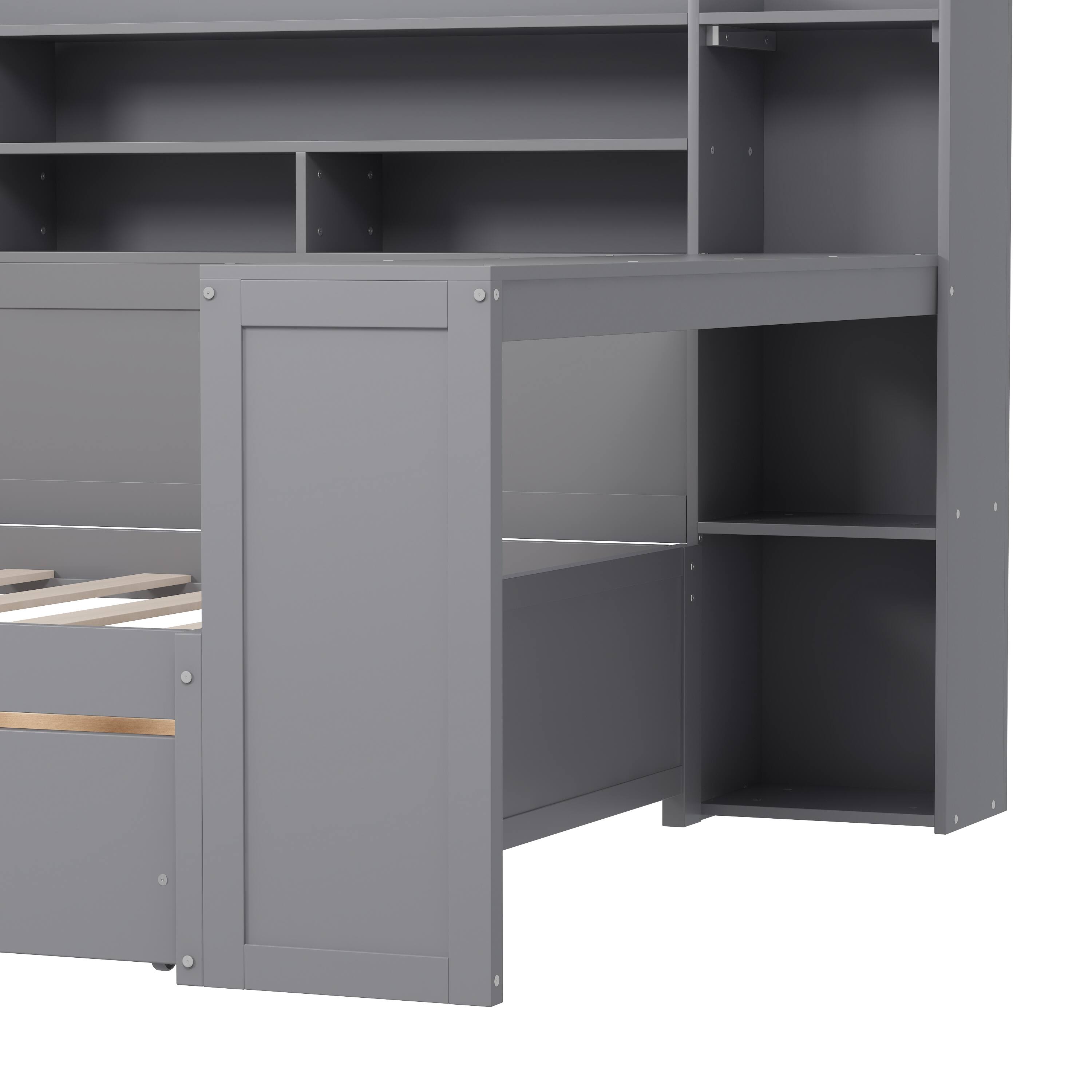 Alt View 9. Tiramisubest - Wooden Full Size Daybed with Storage Shelves, Multi-functional Bed with Two Storage Drawers and  Study Desk, Gray - Gray.