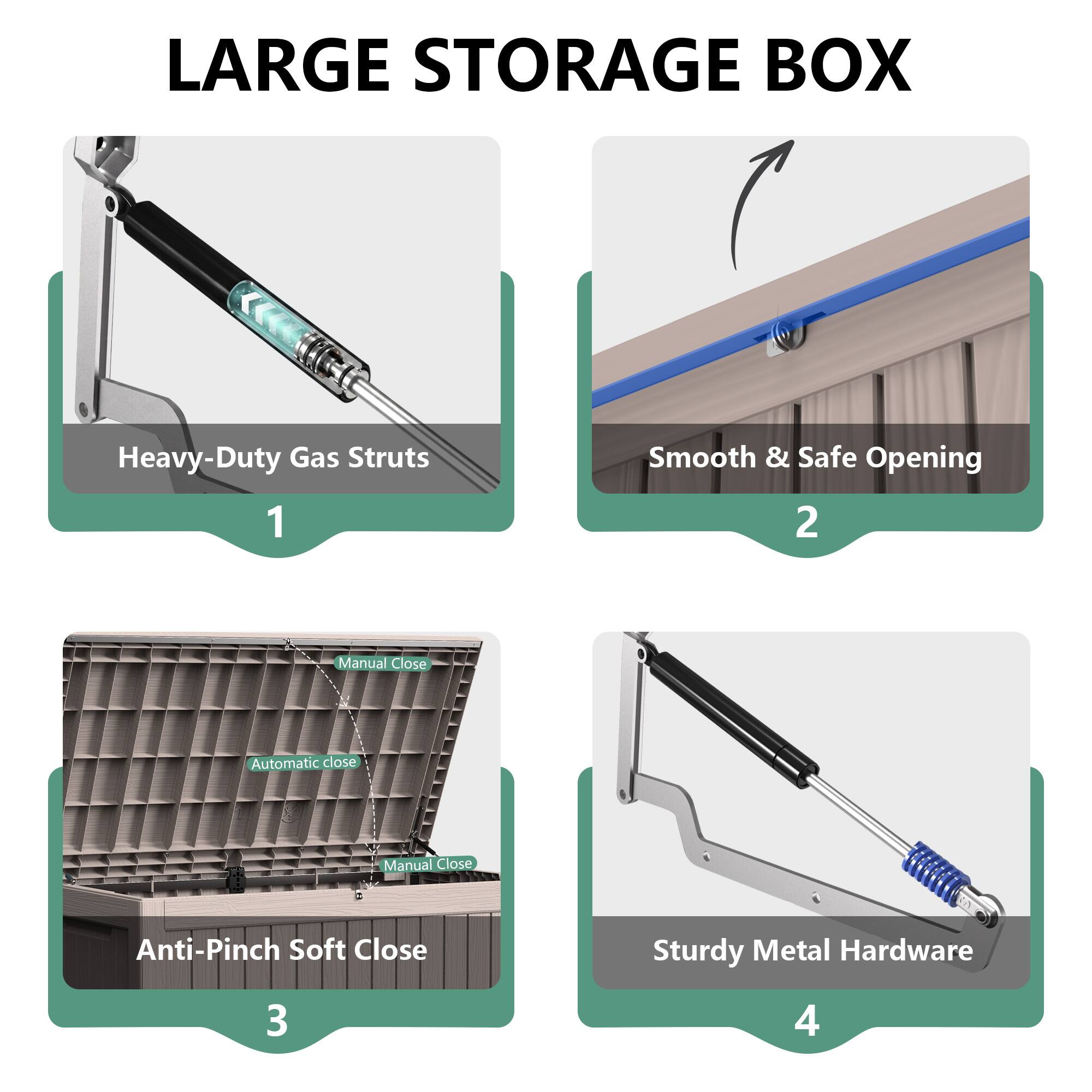 LARGE STORAGE BOX

1. Heavy-Duty Gas Struts
2. Smooth & Safe Opening
3. Anti-Pinch Soft Close
4. Sturdy Metal Hardware