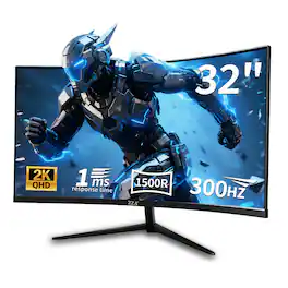 ZZA - 32 Inch Curved Gaming Monitor, 300Hz QHD 2560×1440 VA Display, 1500R, AMD FreeSync, 120% sRGB, HDMI 2.1 DP 1.4 - Black