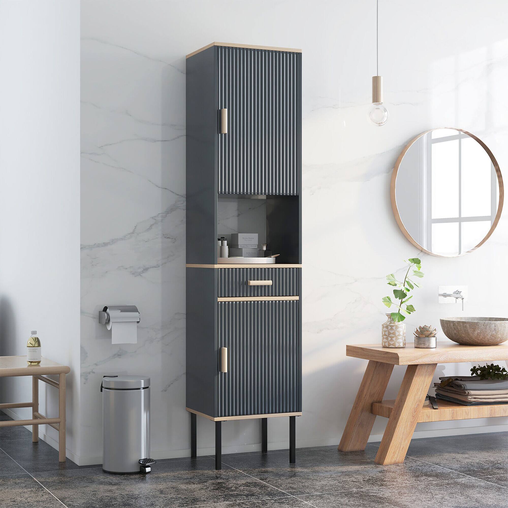 Alt View 1. Gymax - Gymax Tall Bathroom Storage Cabinet Freestanding Narrow Linen Tower w/ Doors & Drawer - Grey.