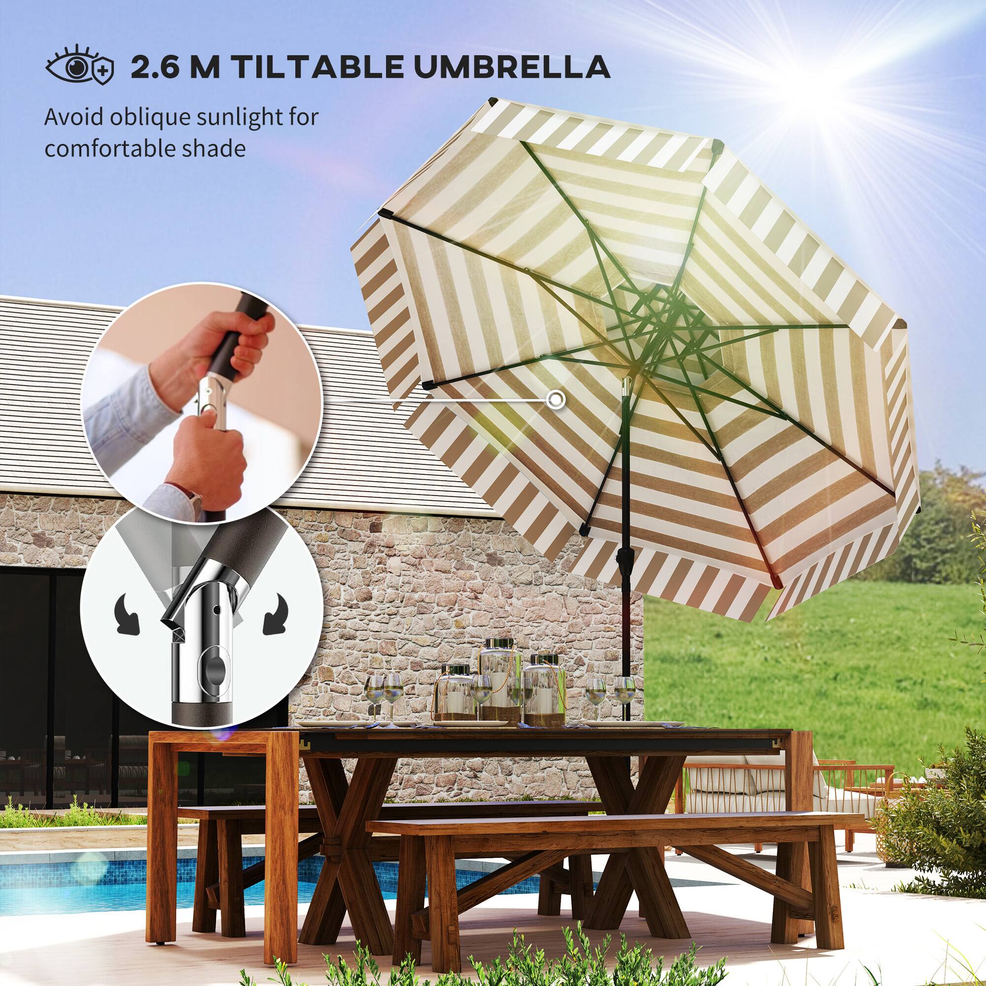 2.6 M TILTABLE UMBRELLA
Avoid oblique sunlight for comfortable shade