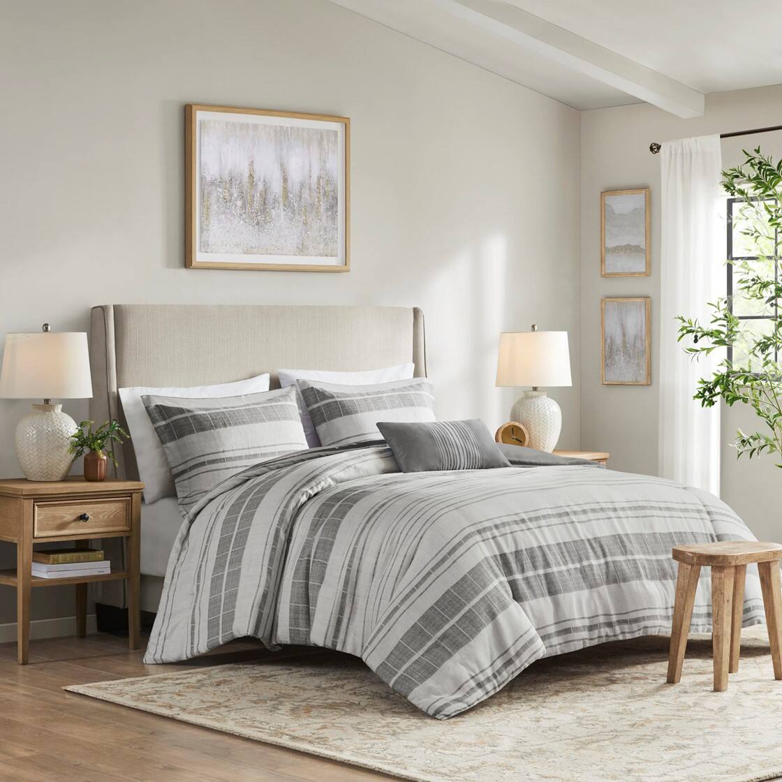 Alt View 1. Gracie Mills - Gracie Mills Naxos 4 Piece Stripe Comforter Set with Throw Pillow - Grey/Multi.