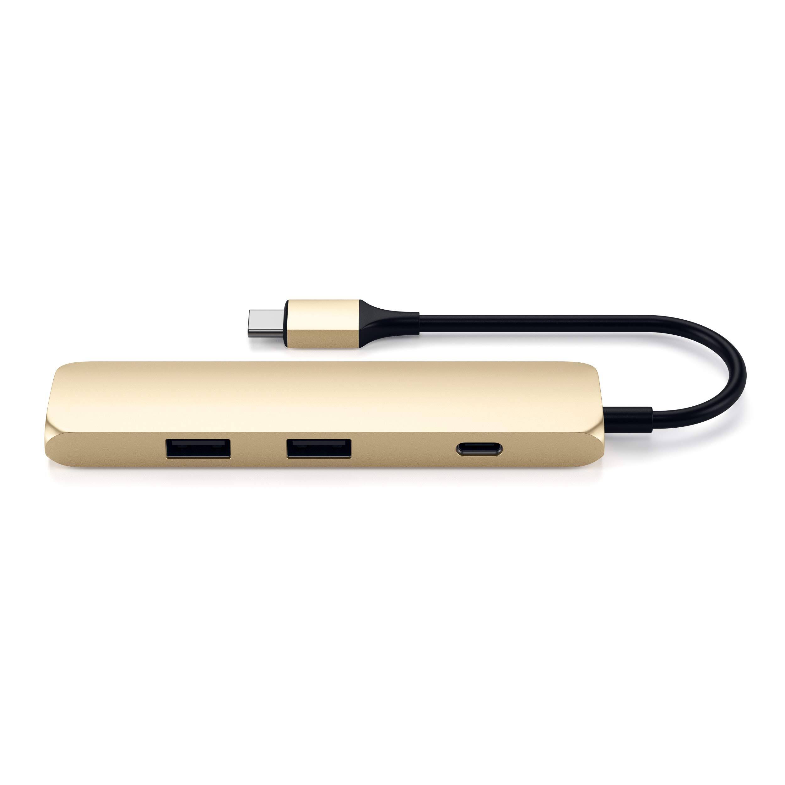 Back. Satechi - USB-C Multiport Adapter Slim Classic - 4K HDMI, 60W PD Charging, 2 USB-A for MacBook Air/Pro, Dell, HP - Gold.