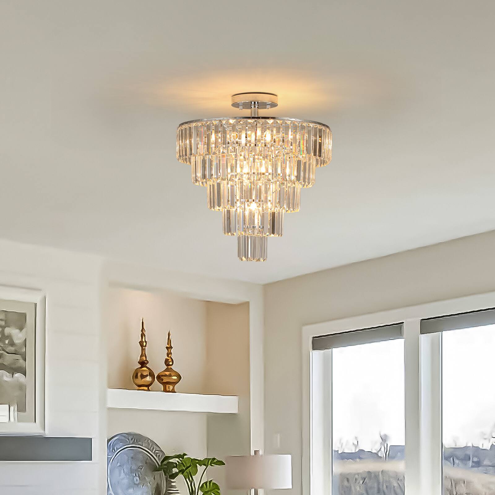 Front. Sofucor - 20" Semi Flush Mount 5-Tier Crystal Ceiling Light Fixtures for Dining Room Modern Luxury 10-Light Chandeliers Lighting - Chrome.