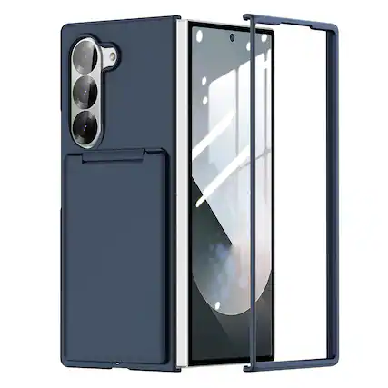 Front. Dteck - Matte Case for Samsung Galaxy Z Fold5,Foldable Card Holder Kickstand,Shockproof Slim Hard Back Cover - Blue.