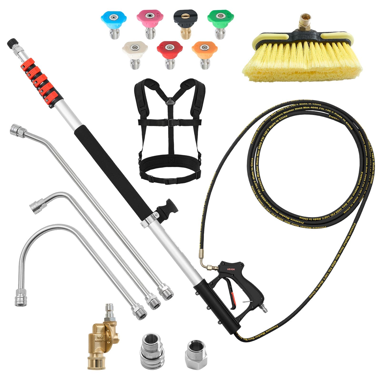 VEVOR - 25 FT Pressure Washer Telescoping Wand, with Power Washer Extension Wands & High Pressure Hose, Brush Head, 7 Nozzles - Gray