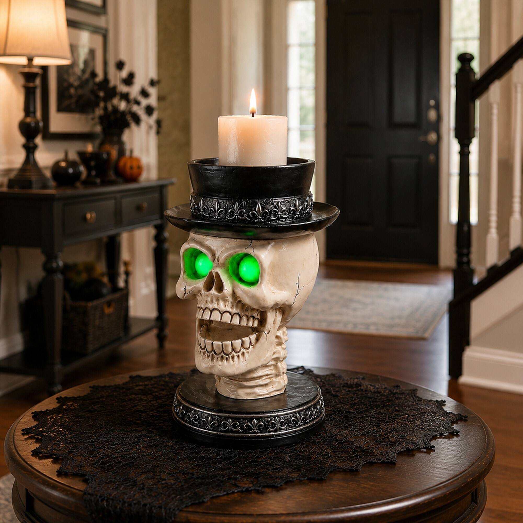 Alt View 1. RYHNUYNE - Halloween Skull Candle Holder with Glowing Green LED Eyes and Top Hat, Gothic Skeleton Statue Decor for Spooky - Black.