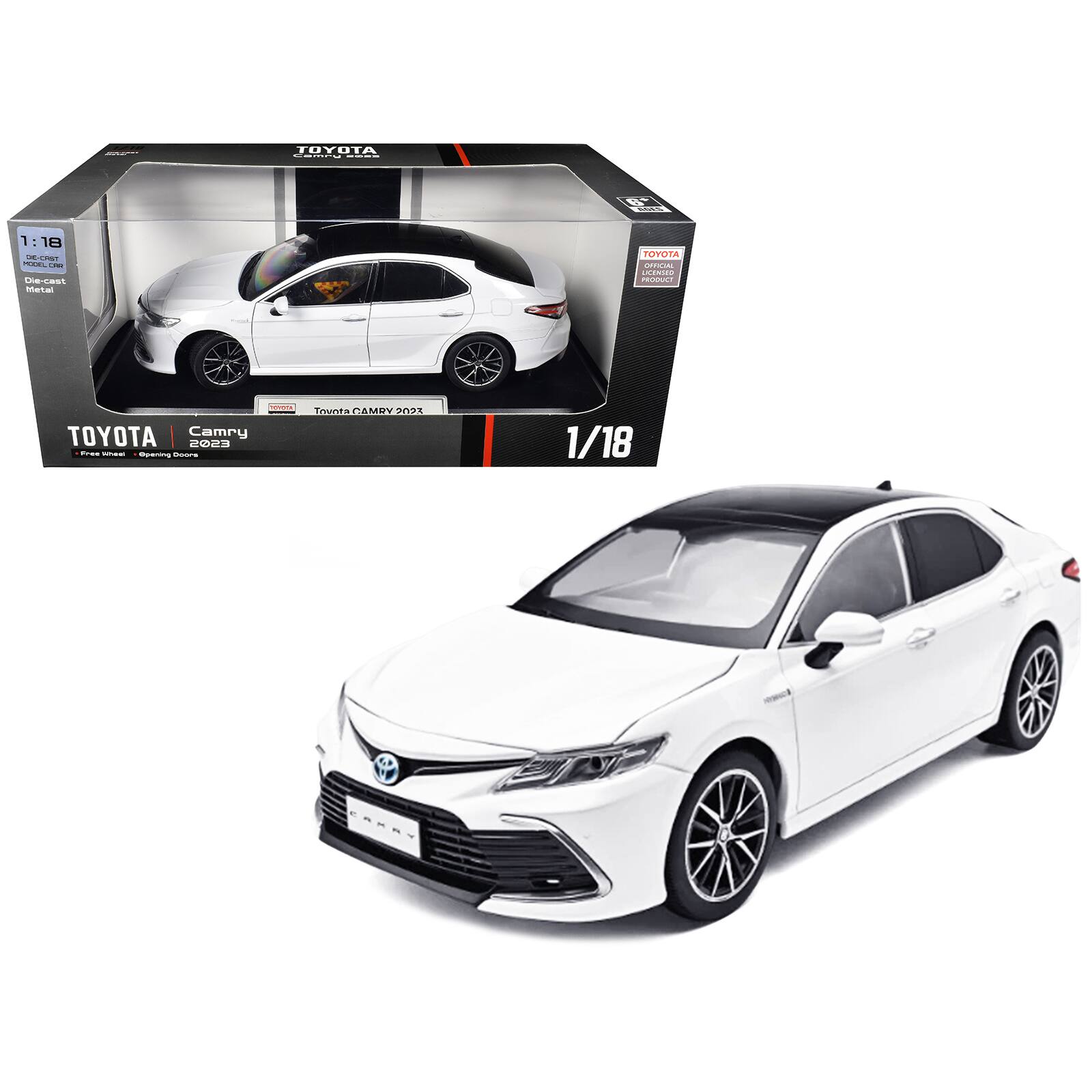 TOYOTA Camry ROBB  
ests  
:18 : DE-CAST MODEL CPR Die-cast Metal  
TOYOTA OFFICIAL LICENSED PRODUCT  
PORTA TOYOTA Camry 2023 Free know Opening Doors  
Tounta CAMRY 2023  
1/18  
CAMRY
