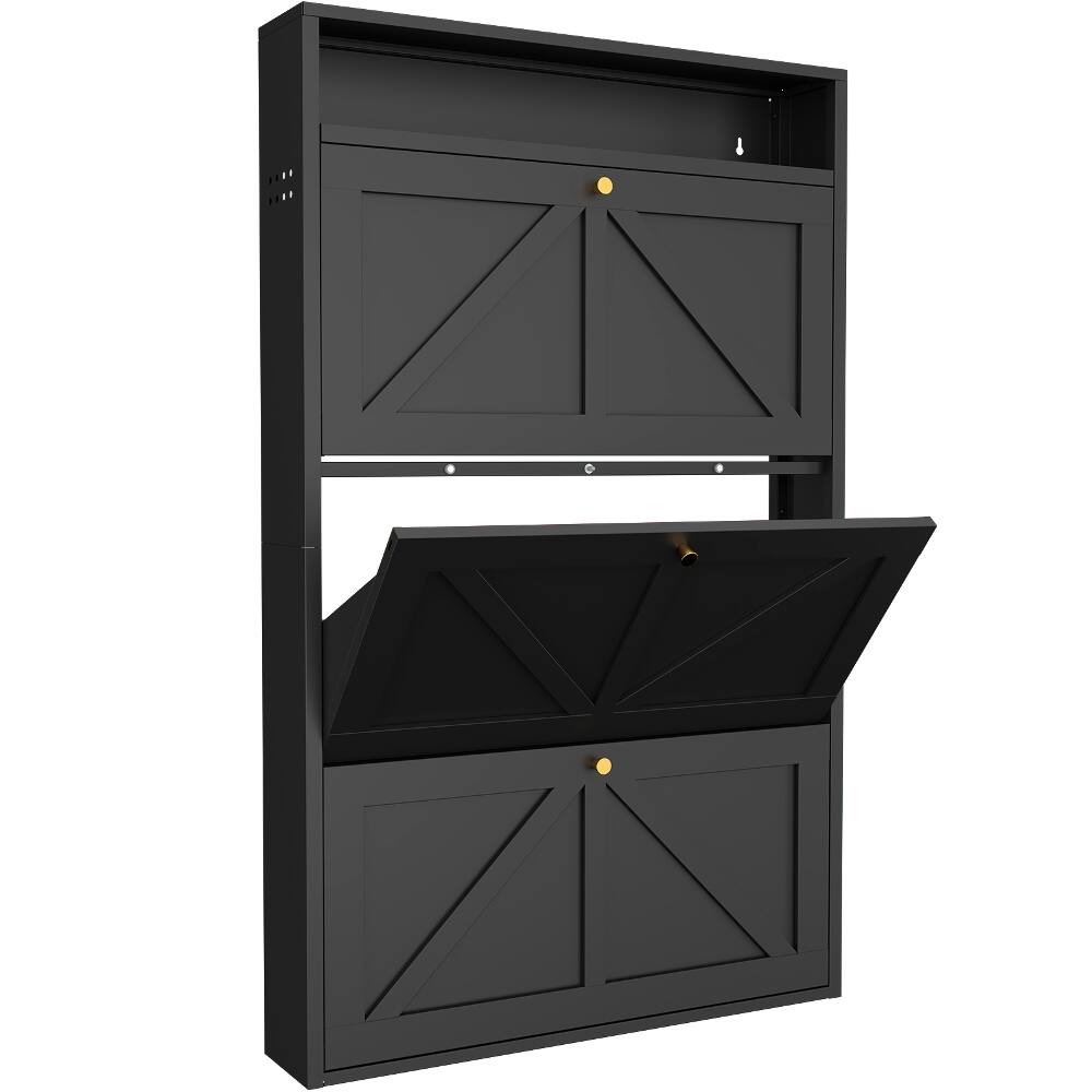 Alt View 6. Loheer - Loheer Black Metal Shoe Cabinet, Wall Mounted Shoe Organizer, Narrow Slim Hidden Shoe Rack - Black.