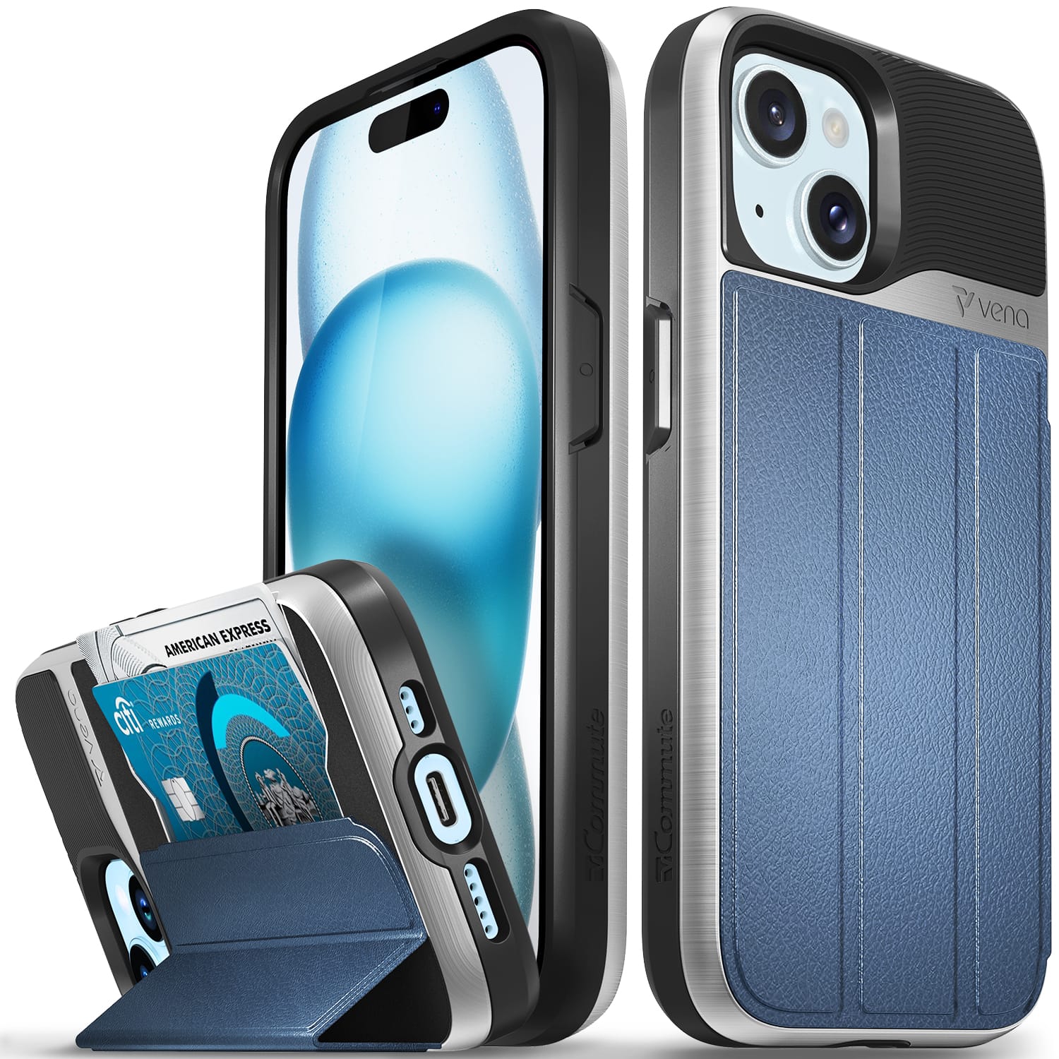 Vena - vCommute Wallet Case for Apple iPhone 15 - Flip Leather Cover Card Slot Holder with Kickstand - Blue