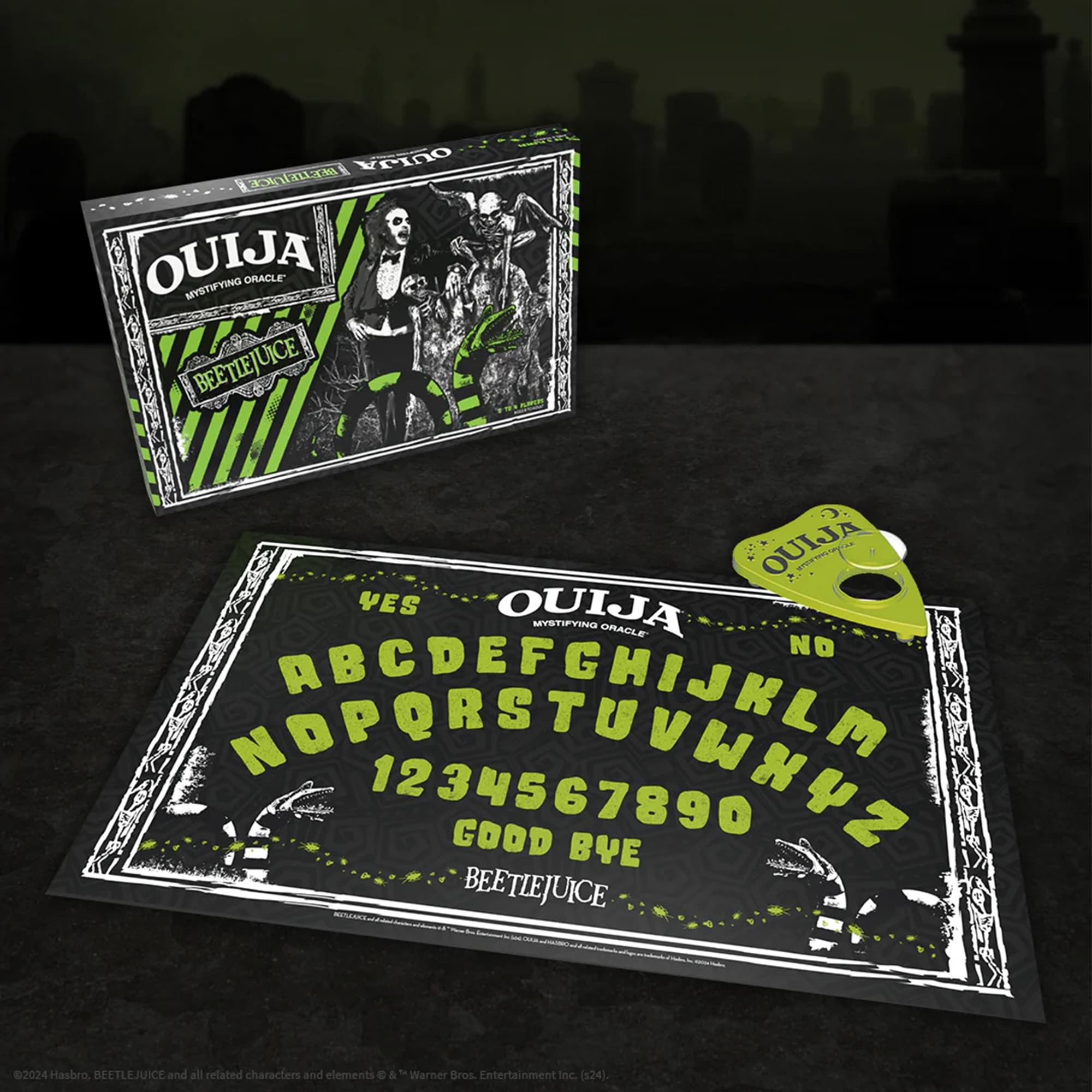 OUTLA BETEJURCE OUIJA MYSTIFYING ORACLE BEETIEJUICE OUIJA?  
VES OUIJA MYSTIFYING ORACLE NO NOPORSTUVWNYZ ABCDEFHWJKLM 1234567890 GOOD BVE BEETLEJUICE 2024  
Hasbro. BEETLEJUICE and all related characters and elements © & ™ Warner Bros. Entertainment Inc. (124)