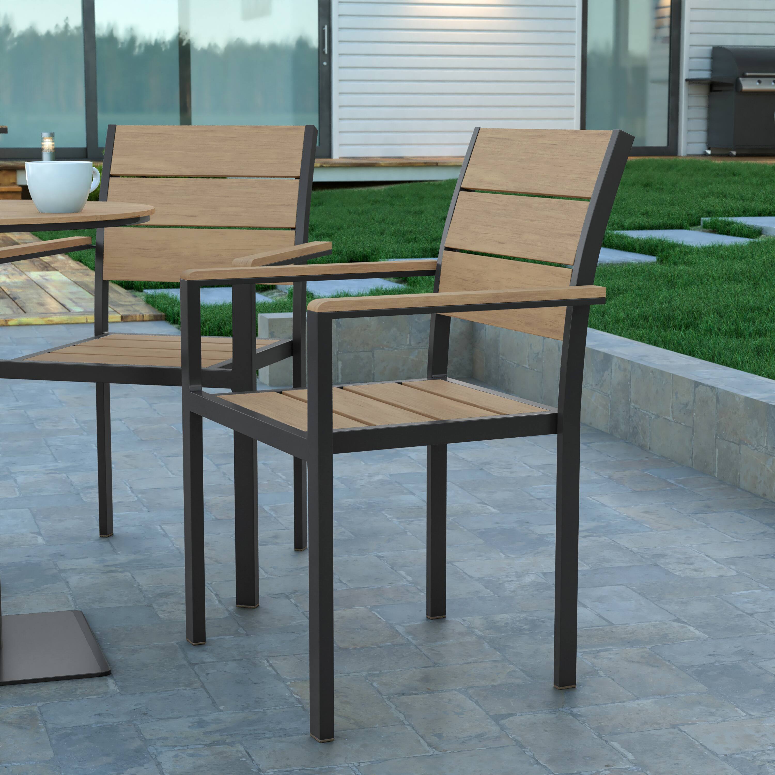 Alt View 1. Emma + Oliver - Fena Outdoor Stacking Side Chair with Faux Teak Poly Slat Seat, Back and Arms and Metal Frame - Natural.
