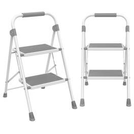 AENKYO - 2-Step Portable Folding Steel Ladder with Hand Rail &Wide Anti-slip Treads - Gray