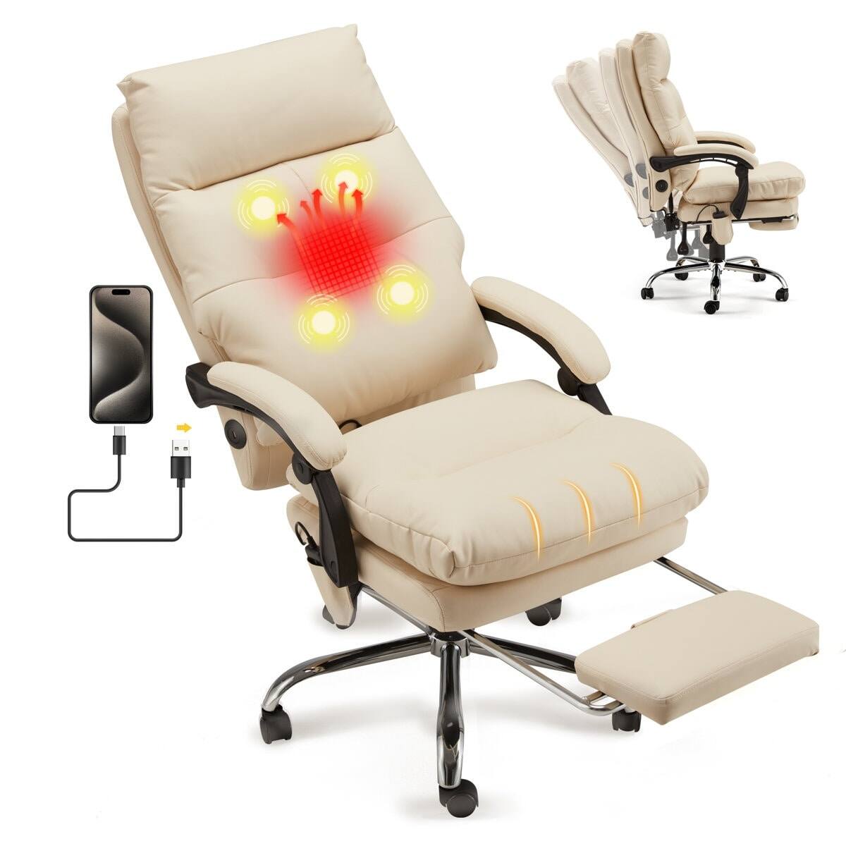 Angle. U-HOMY - Ergonomic Reclining Massage Office Chair, 4-Point Vibrating Desk Chair with Footrest & Adjustable Armrests - Beige.