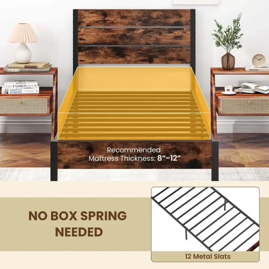 The Pashion Boulevard 12" mattress is recommended for a mattress thickness of 8"-12". It is designed without the need for a box spring, making it a convenient option for those looking for a simple and comfortable sleeping solution. The mattress features 12 metal slats, providing support and durability.