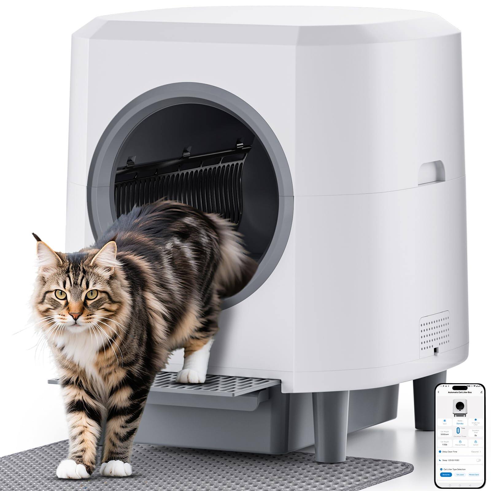 GlowWise - Auto-cleaning litter box /odor control, 90L capacity & app. Safe for multi-cats.Includes 3 trash bags.Quiet & efficient - White