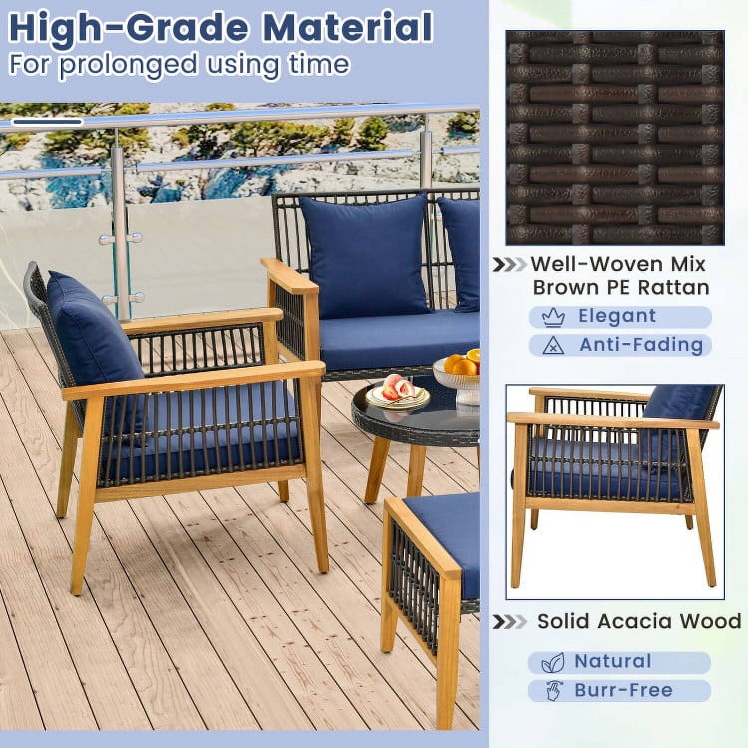 High-Grade Material  
For prolonged using time

- Well-Woven Mix Brown PE Rattan  
  - Elegant  
  - Anti-Fading

- Solid Acacia Wood  
  - Natural  
  - Burr-Free