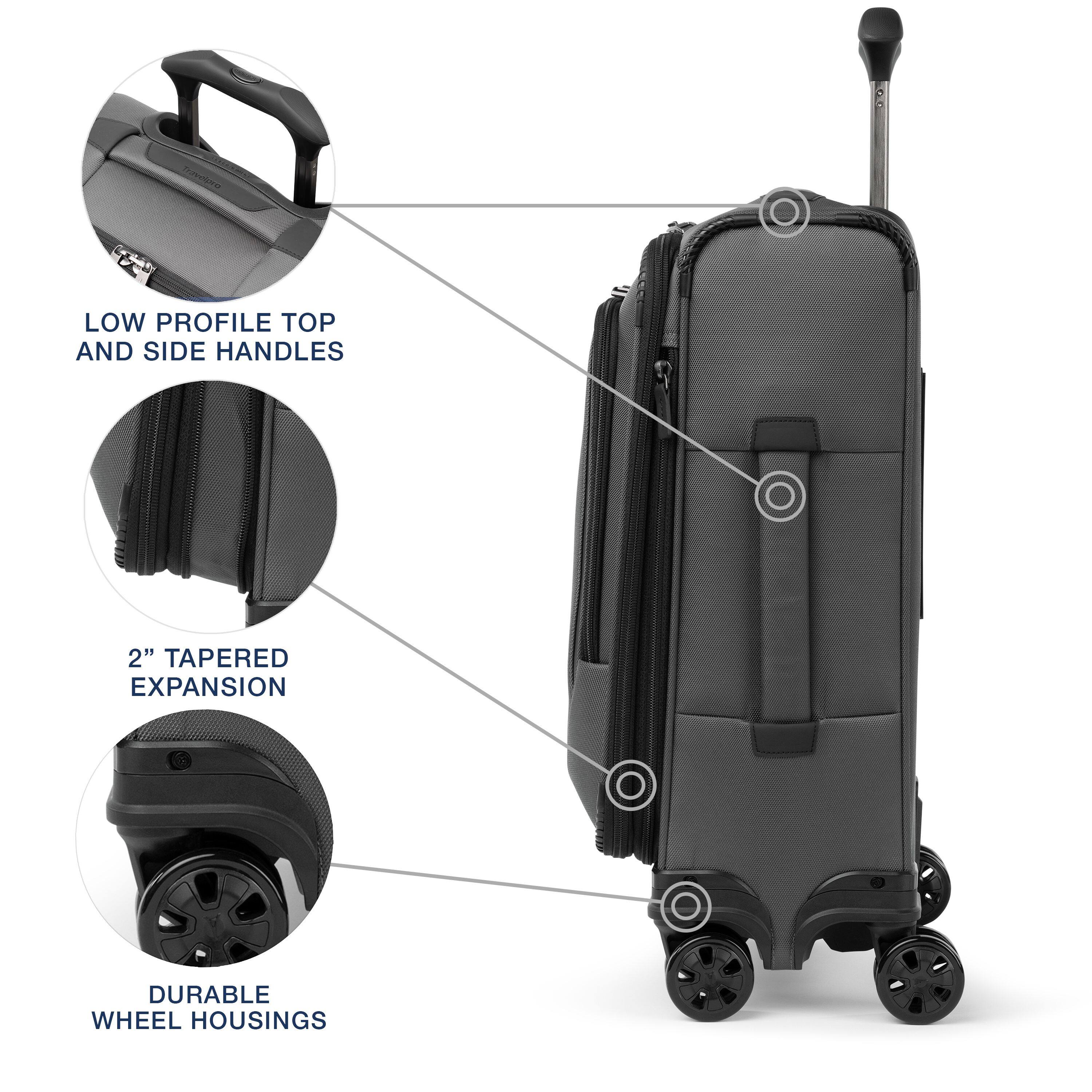 LOW PROFILE TOP AND SIDE HANDLES  
2" TAPERED EXPANSION  
DURABLE WHEEL HOUSINGS