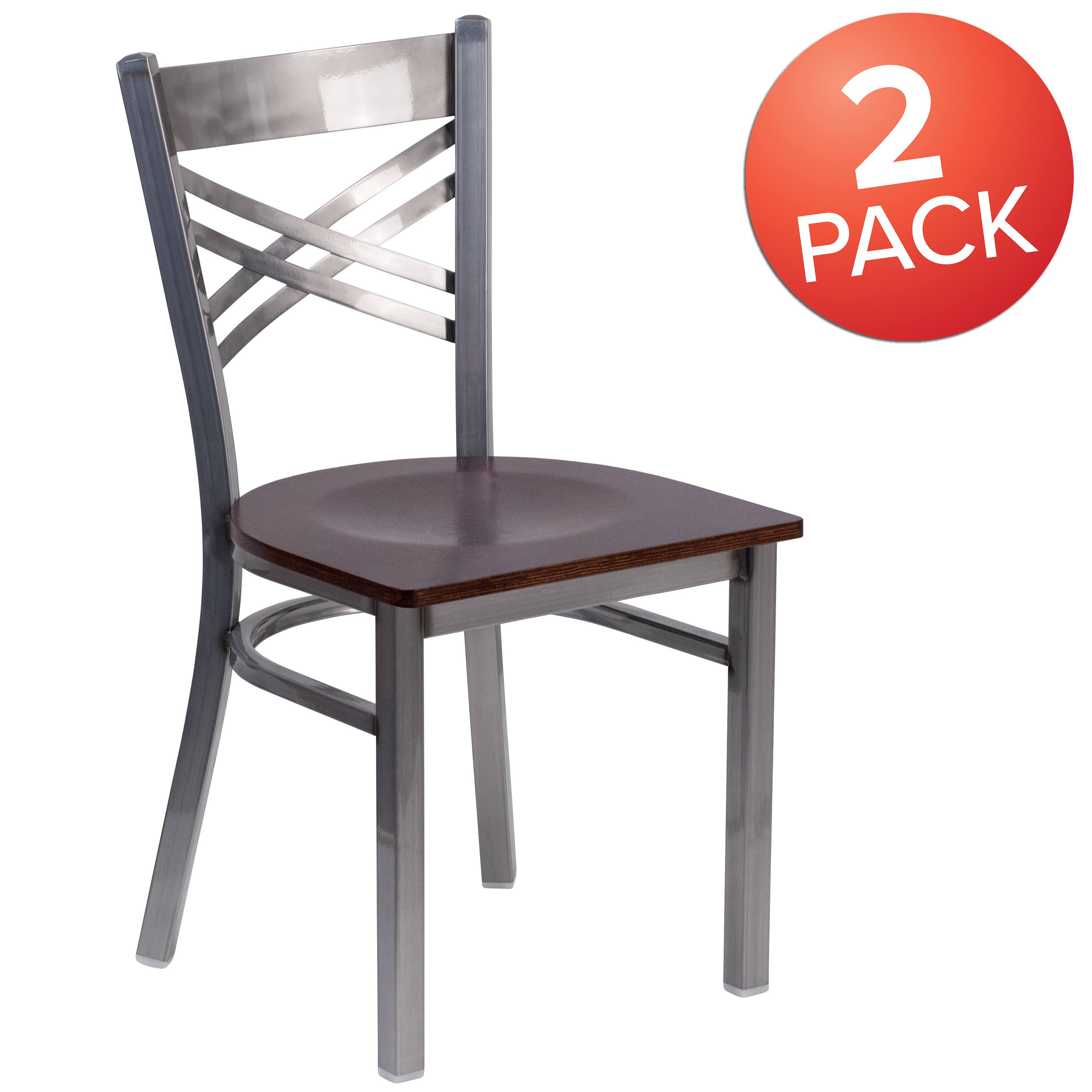 Alt View 1. Emma + Oliver - 2 Pack Clear Coated "X" Back Metal Restaurant Chair - Walnut Wood Seat/Clear Coated Metal Frame.