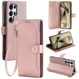 Dteck - Wallet Case for Samsung Galaxy S26 Ultra Crossbody Premium Leather Kickstand Zipper Card Slot Cover With Strap+Lanyard - Rosegold