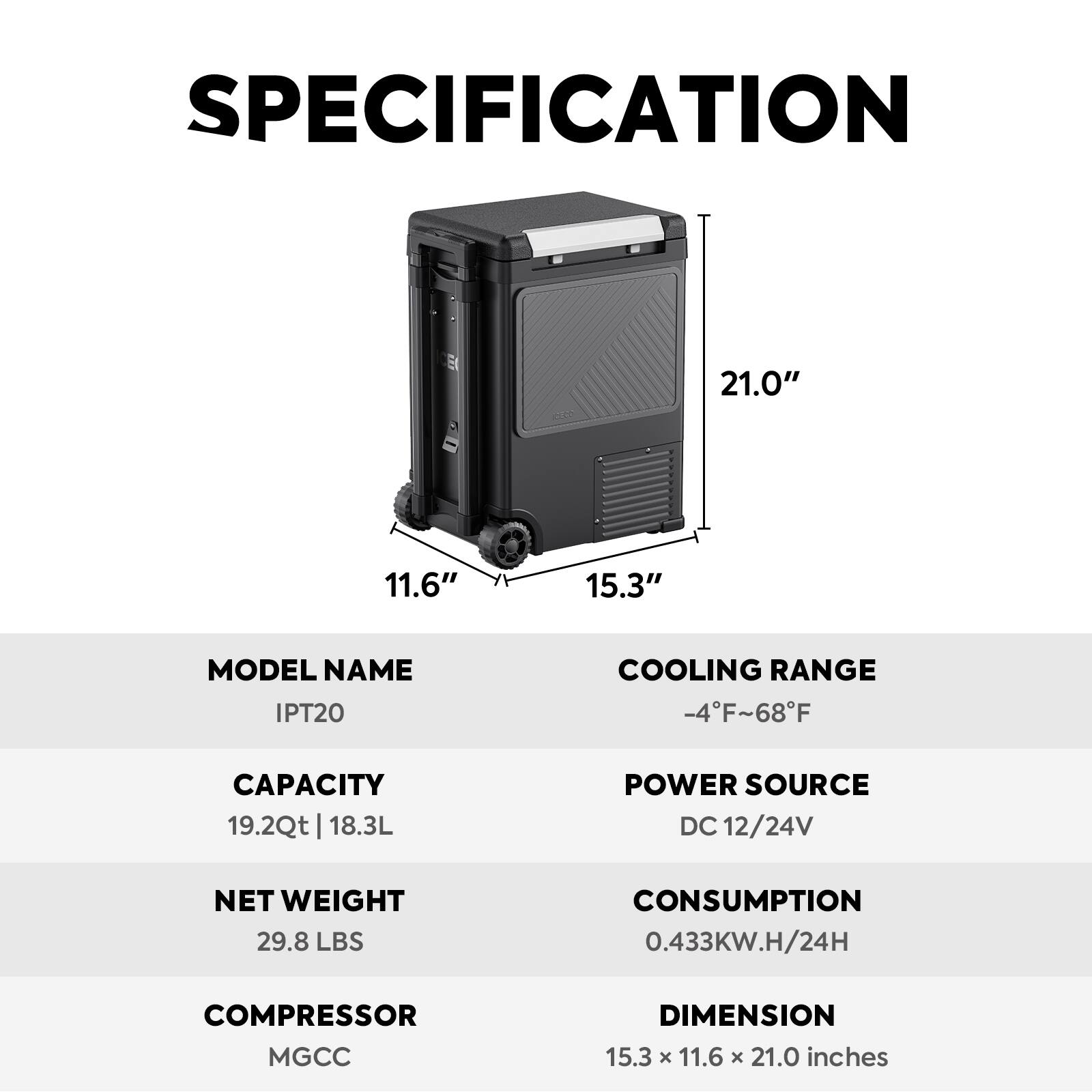 **SPECIFICATION**

- **MODEL NAME:** IPT20
- **CAPACITY:** 19.2Qt | 18.3L
- **NET WEIGHT:** 29.8 LBS
- **COMPRESSOR:** MGCC
- **COOLING RANGE:** -4°F~68°F
- **POWER SOURCE:** DC 12/24V
- **CONSUMPTION:** 0.433KW.H/24H
- **DIMENSION:** 15.3 x 11.6 x 21.0 inches

**DIMENSIONS:**
- Height: 21.0"
- Width: 15.3"
- Depth: 11.6"