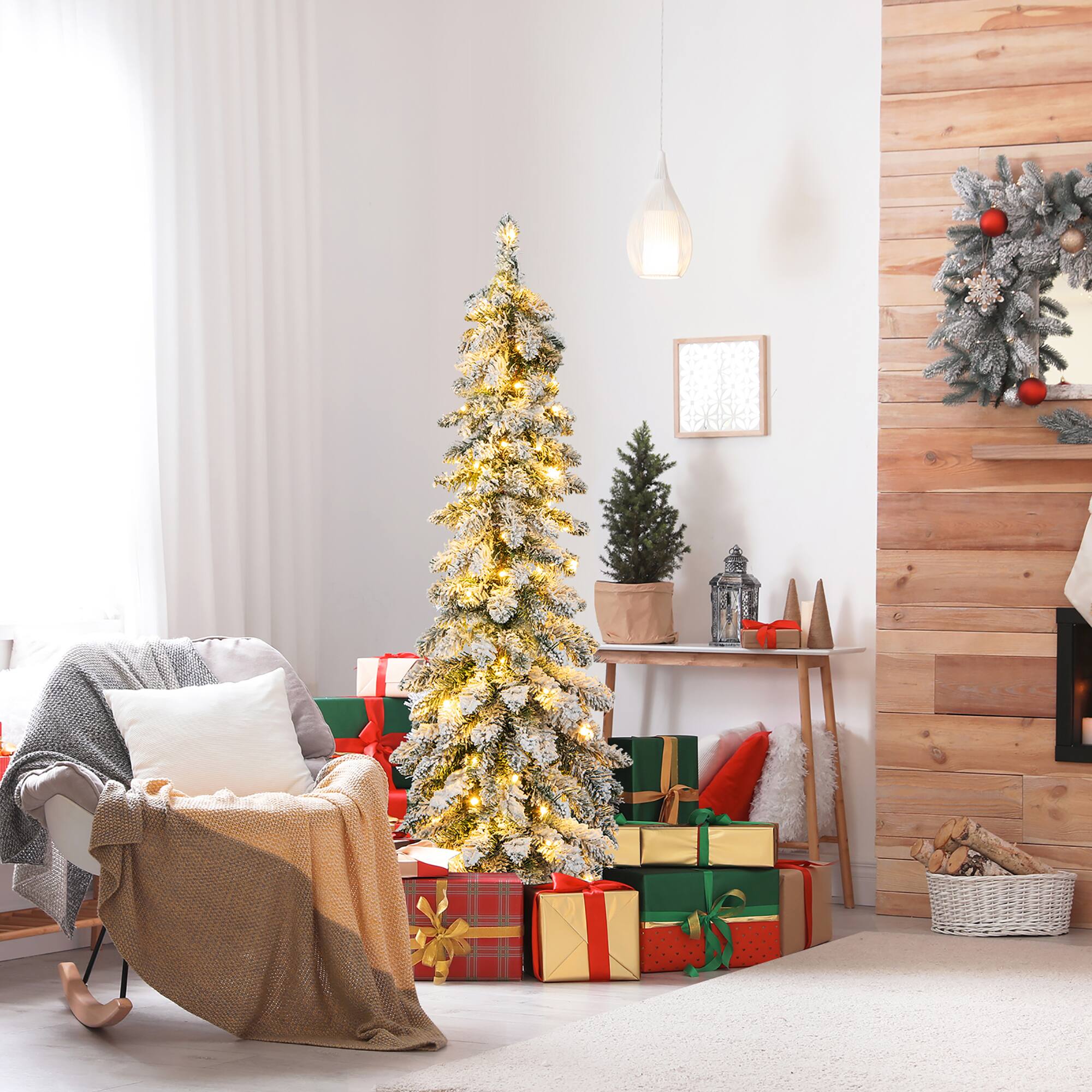 Alt View 3. Gymax - Gymax 4 FT Pre-Lit Artificial Christmas Tree Snow-Flocked Slim Pencil Christmas Tree - Green, White.