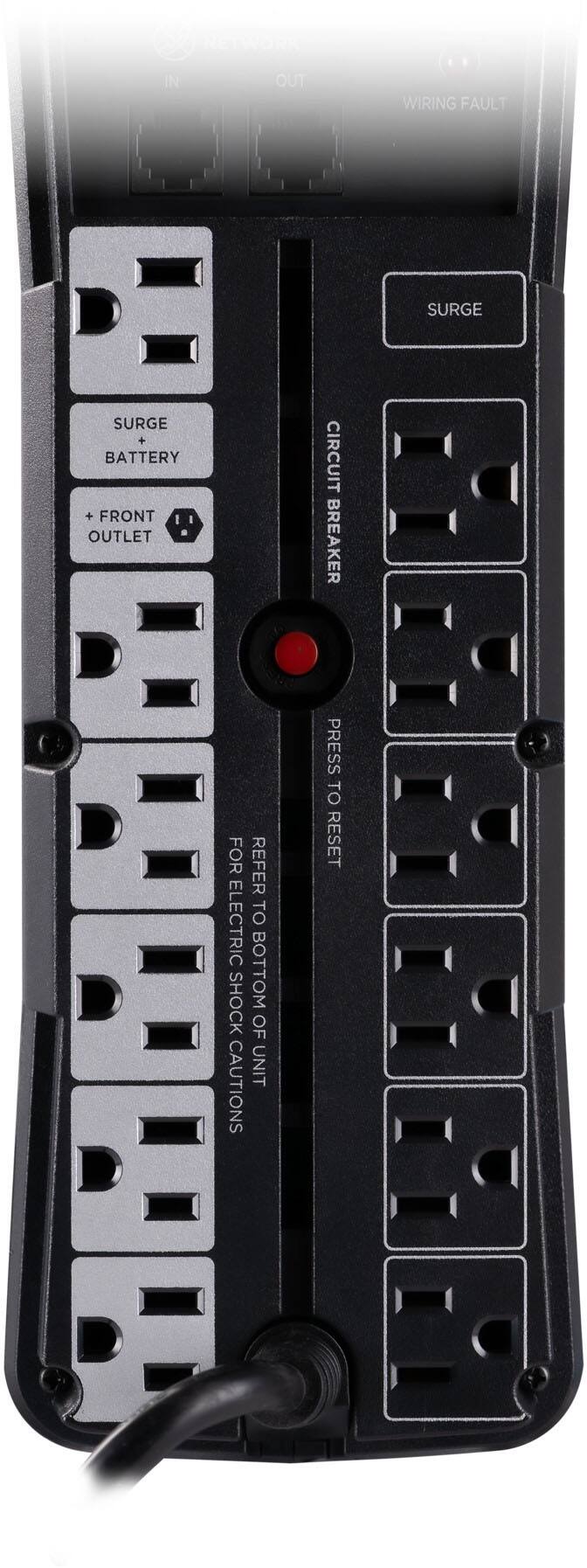 Sure, here is the corrected and grouped text from the image:

- **IN**
- **OUT**
- **WIRING FAULT**

- **SURGE**
- **BATTERY**
- **+ FRONT OUTLET**

- **CIRCUIT BREAKER**
- **PRESS TO RESET**

- **FOR ELECTRIC SHOCK CAUTIONS**
- **REFER TO BOTTOM OF UNIT**

- **SURGE**