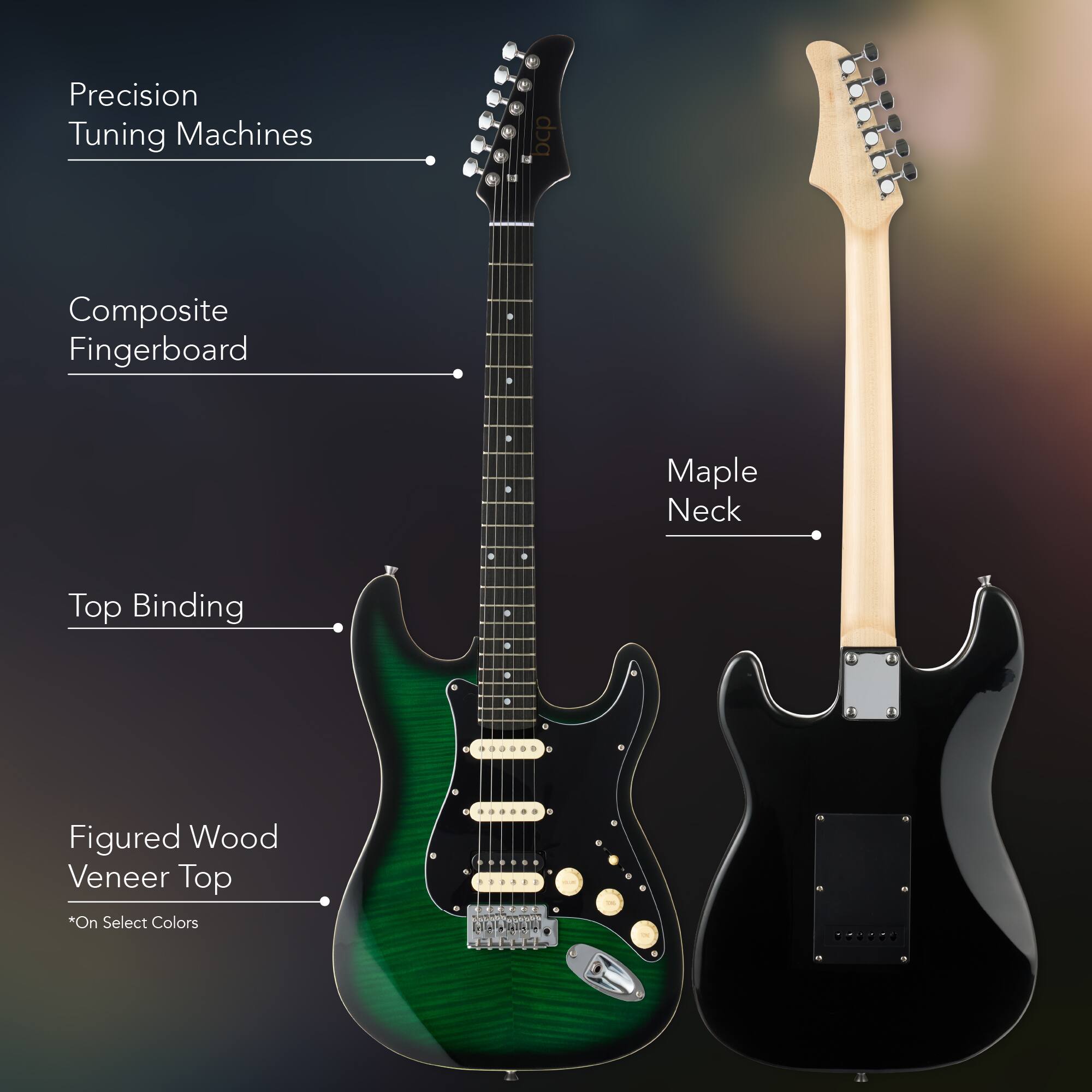 - Precision Tuning Machines
- Composite Fingerboard
- Top Binding
- Figured Wood Veneer Top *On Select Colors
- Maple Neck