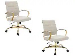 LeisureMod - (Set of 2) Benmar Leather Office Chair with Gold Accents, Adjustable Height, Swivel Ergonomic Design for Home Office - Tan