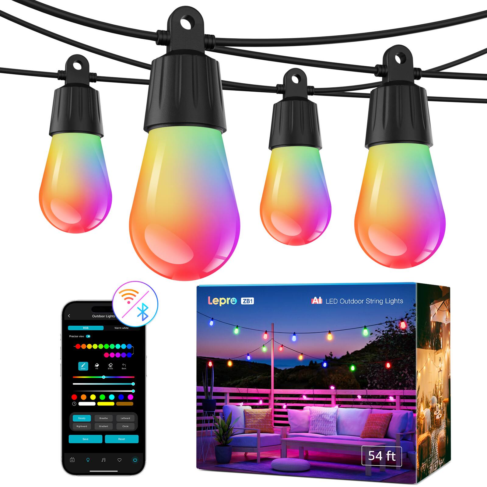 Lepre ZB1 Al LED Outdoor String Lights 48 ft.