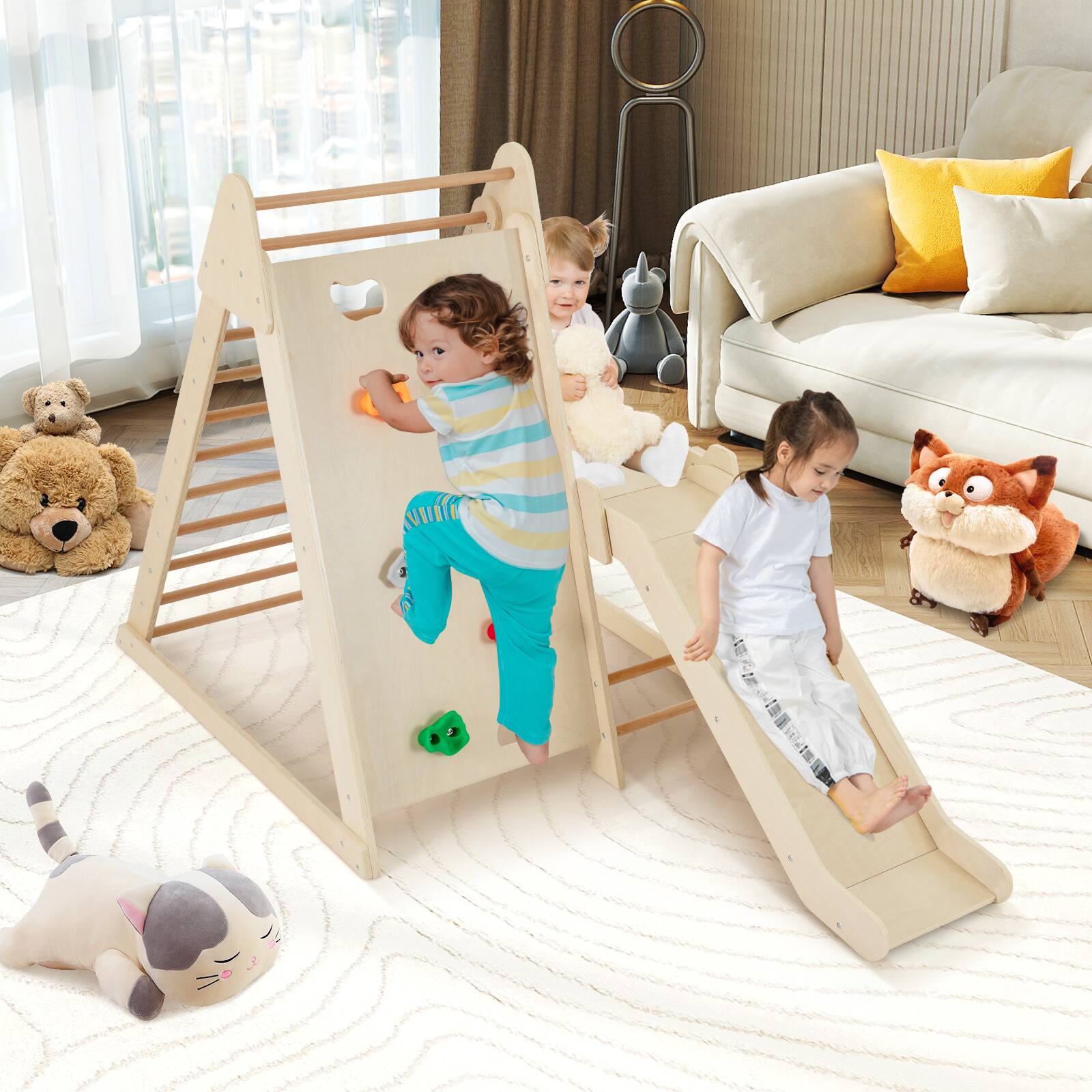 Alt View 3. Gymax - Gymax 3-In 1 Jungle Gym Playground for Toddlers w/ Extended Slide & Wooden Climber - Natural.