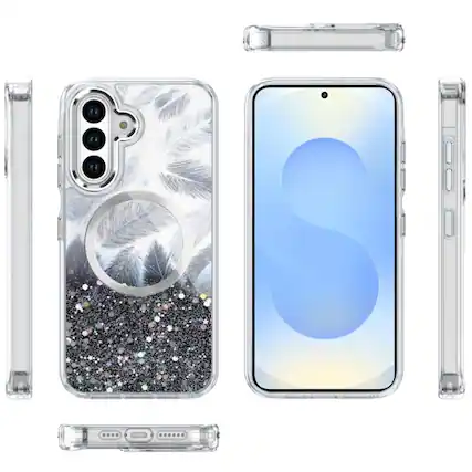 Front. Kitcheniva - Feathers Glitter With Magnetic Circle Plus Tempered Glass For Samsung S25 Plus/S24 Plus Black - Black.
