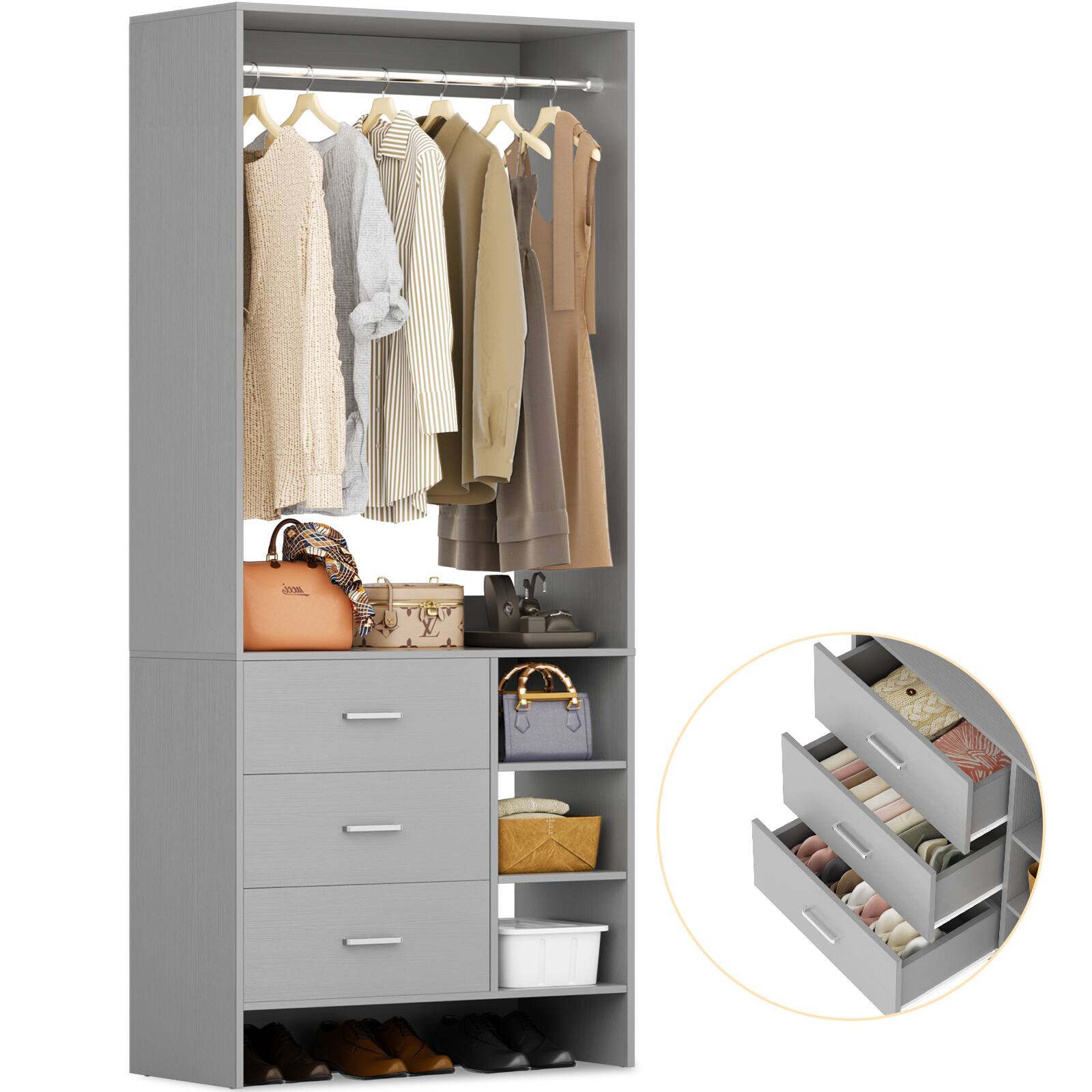 Angle. Aheaplus - 2.5FT Closet System with 3 Drawers, 29.6'' Closet Organizer with Hanging Rod and Shelves - Gray.