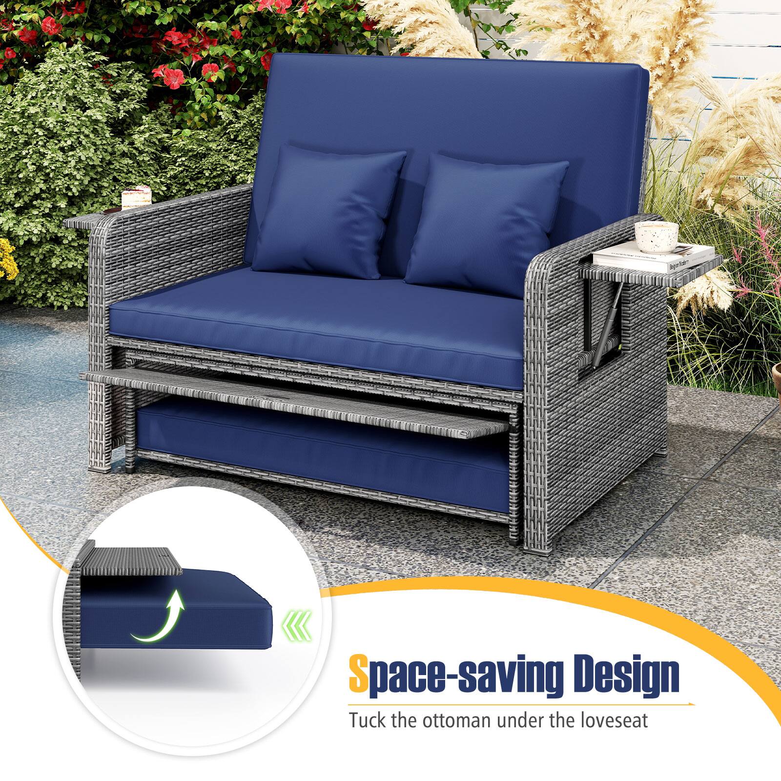 Space-saving Design  
Tuck the ottoman under the loveseat