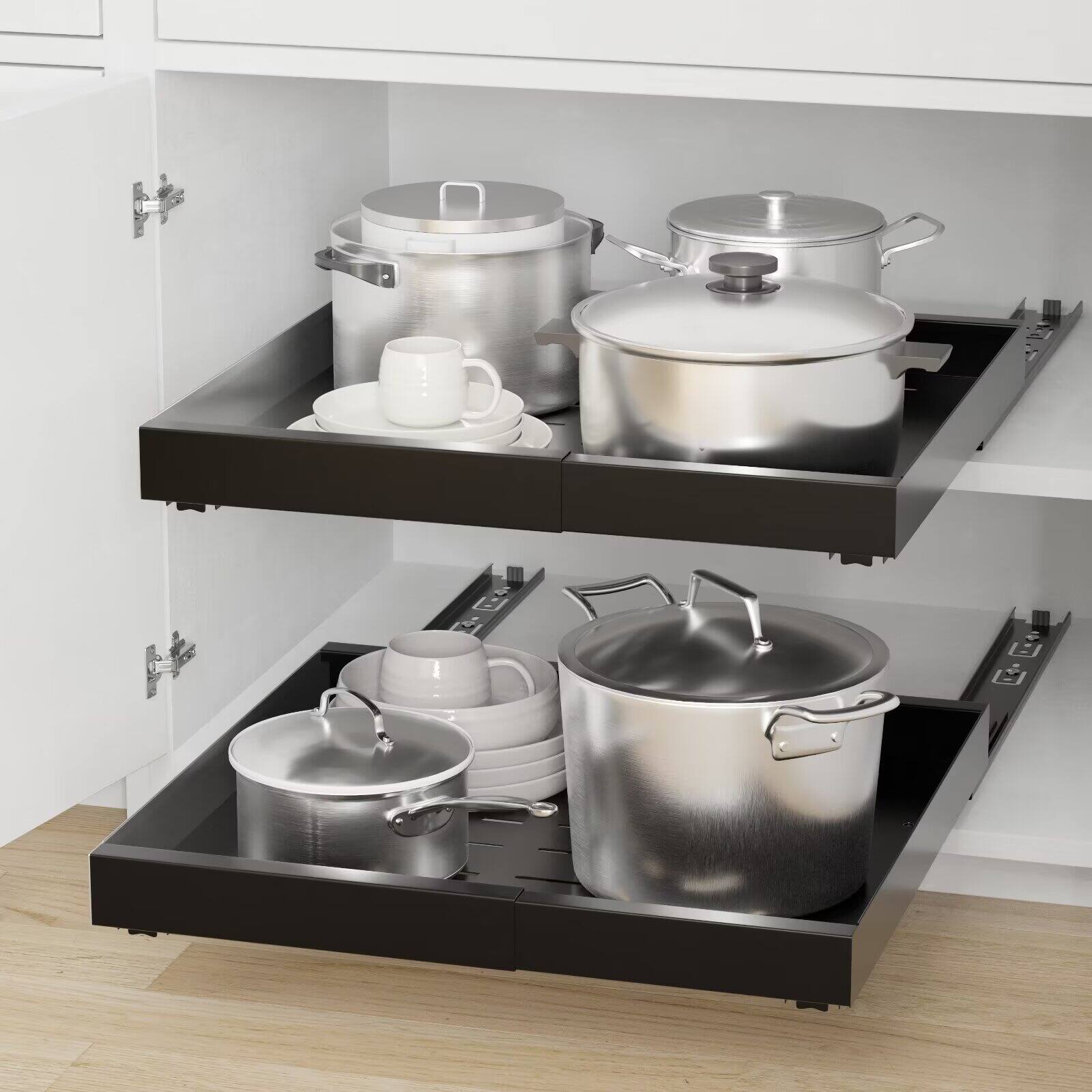 Front. Tooloton - Heavy-Duty Pull-Out Cabinet Drawer Organizer, Expandable 11.8 to 19.6 Inches, with Adhesive Tape, 17 Inch Deep, Black - Black.