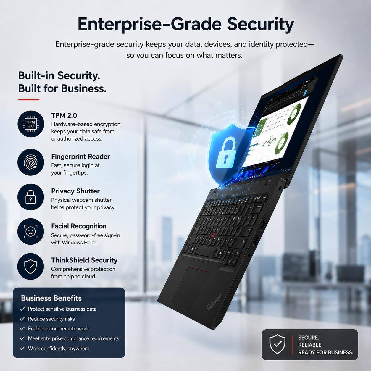 Enterprise-Grade Security  
Enterprise-grade security keeps your data, devices, and identity protected—so you can focus on what matters.

Built-in Security. Built for Business.

TPM 2.0  
Hardware-based encryption keeps your data safe from unauthorized access.

Fingerprint Reader  
Fast, secure login at your fingertips.

Privacy Shutter  
Physical webcam shutter helps protect your privacy.

Facial Recognition  
Secure, password-free sign-in with Windows Hello.

ThinkShield Security  
Comprehensive protection from chip to cloud.

Business Benefits  
- Protect sensitive business data  
- Reduce security risks  
- Enable secure remote work  
- Meet enterprise compliance requirements  
- Work confidently, anywhere

SECURE. RELIABLE. READY FOR BUSINESS.