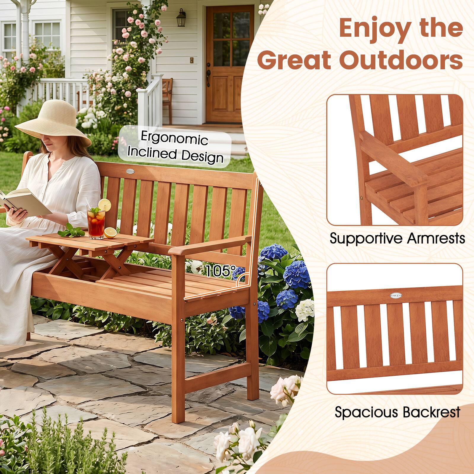 Enjoy the Great Outdoors  
Ergonomic Inclined Design  
Supportive Armrests  
105°  
Spacious Backrest