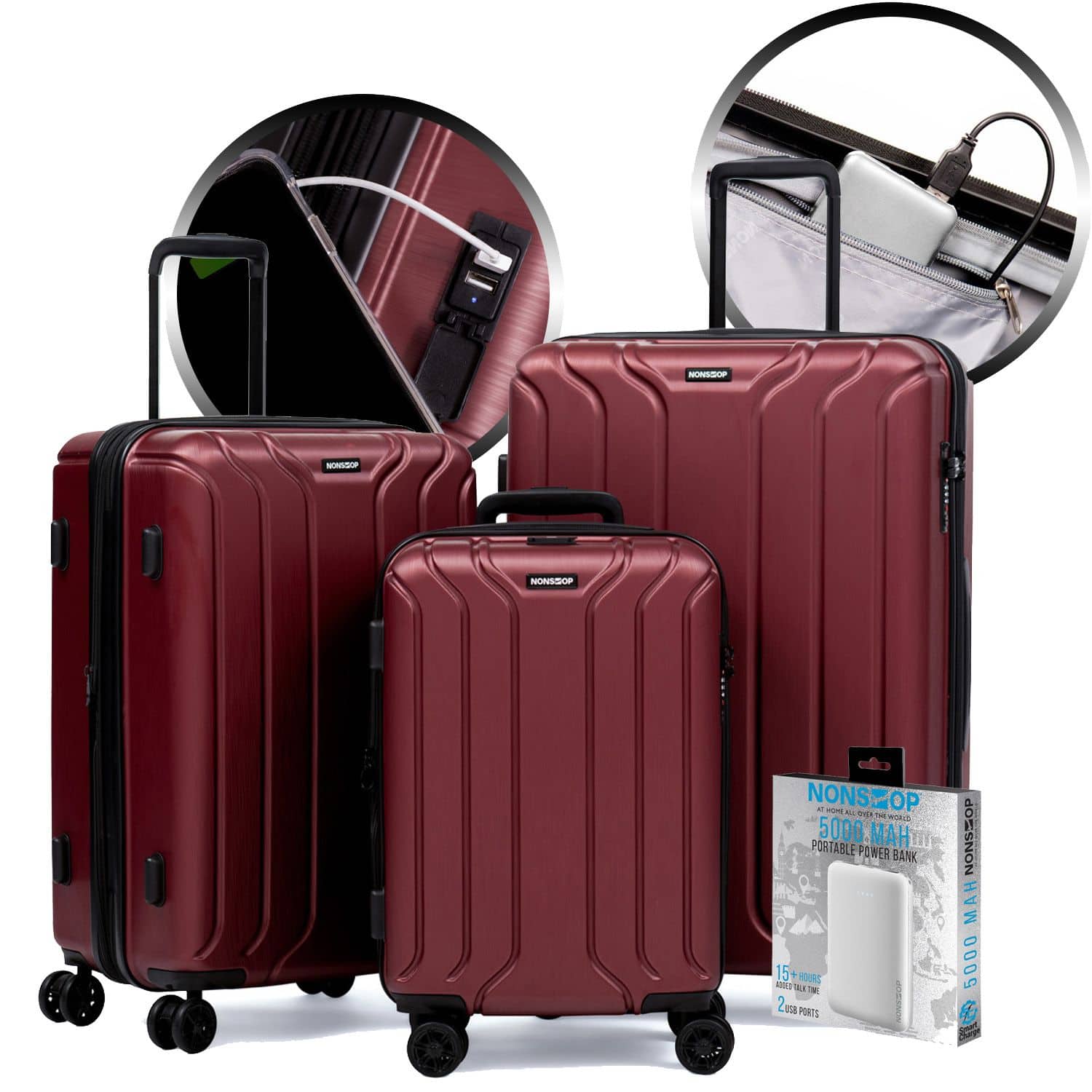 Nonstop - New York 3 Piece Set (20" 24" 28") 4-Wheel Luggage Set + PowerBank & 3 packing cubes - Burgundy