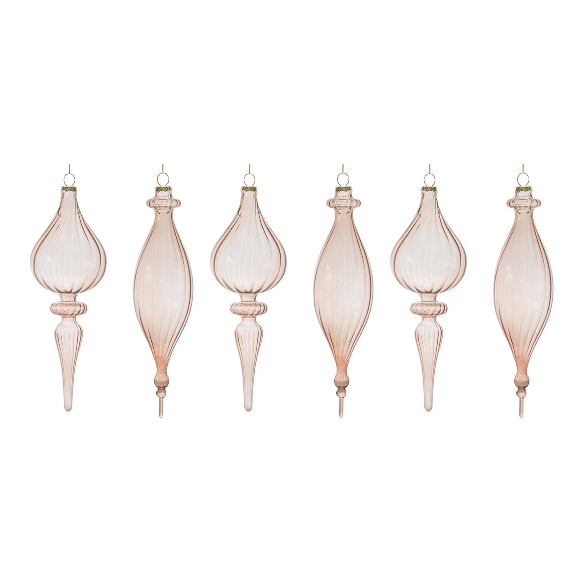 Left. BreeBe - Ribbed Glass Finial Ornament (Set of 6) - Rose, Gold.