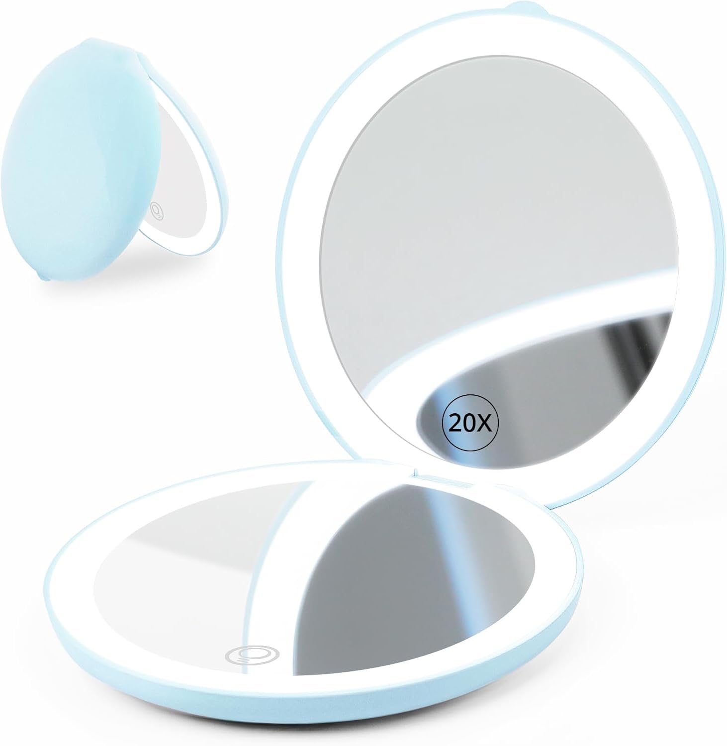 Stamp n Camp - Fabuday Travel Compact Magnifying Makeup Mirror with Lights - Large 4.8'' Wide Led Lighted Portable 1x/20x Rechargeable - Baby Blue