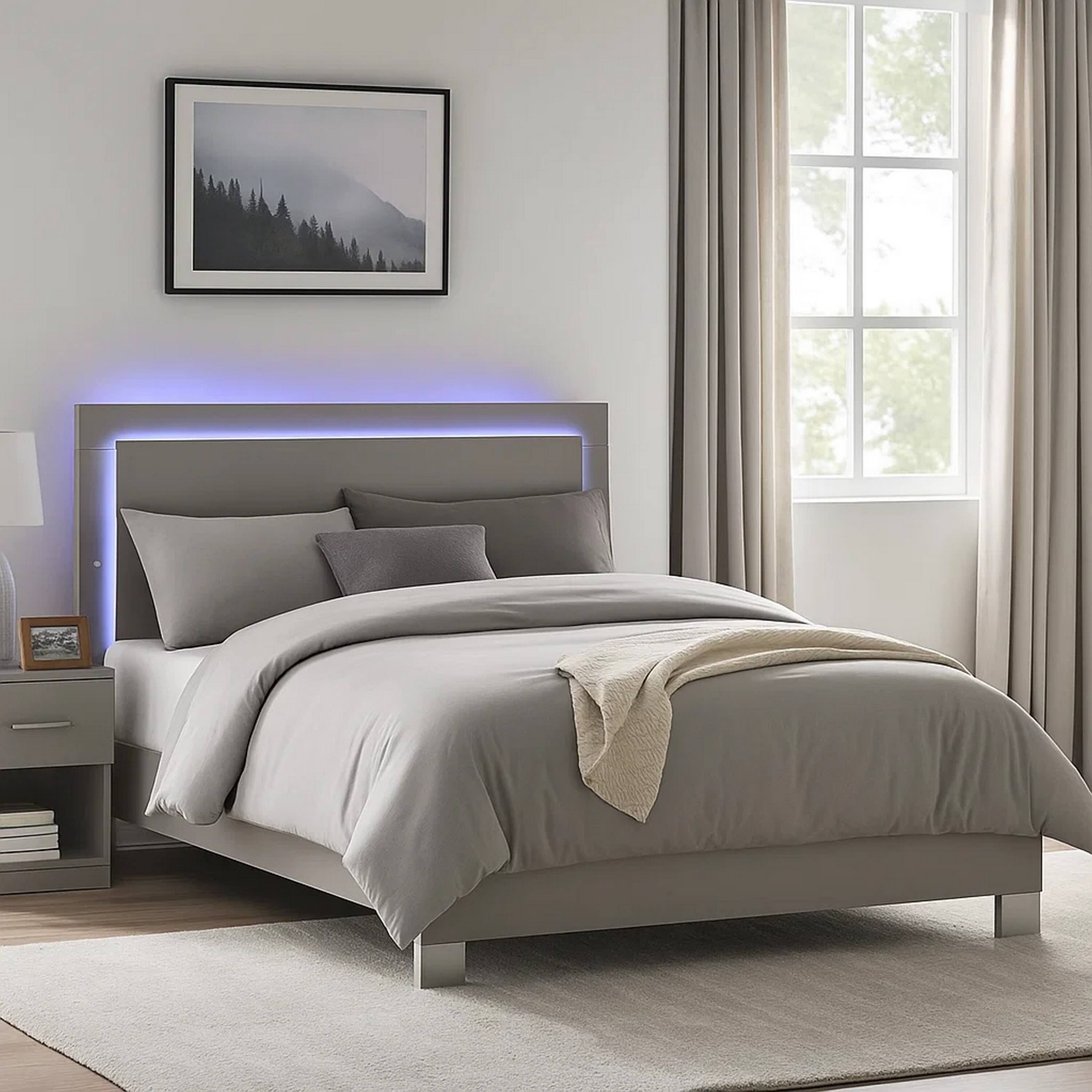 Alt View 6. Manhattan Lane - Suni Queen Size Bed w LED Headboard, Light Taupe Gray Wood Frame - Light Taupe Gray, Chrome Silver.