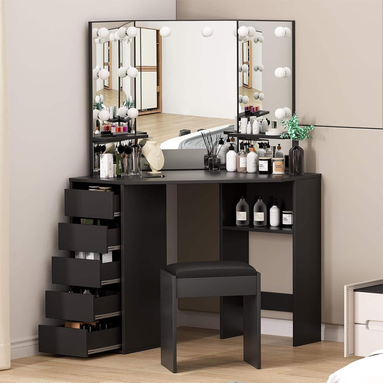 Acekool - Corner Vanity and Stool, Corner Vanity Desk with Mirror and Lights, Corner Makeup Vanity with Power Outlet - Black