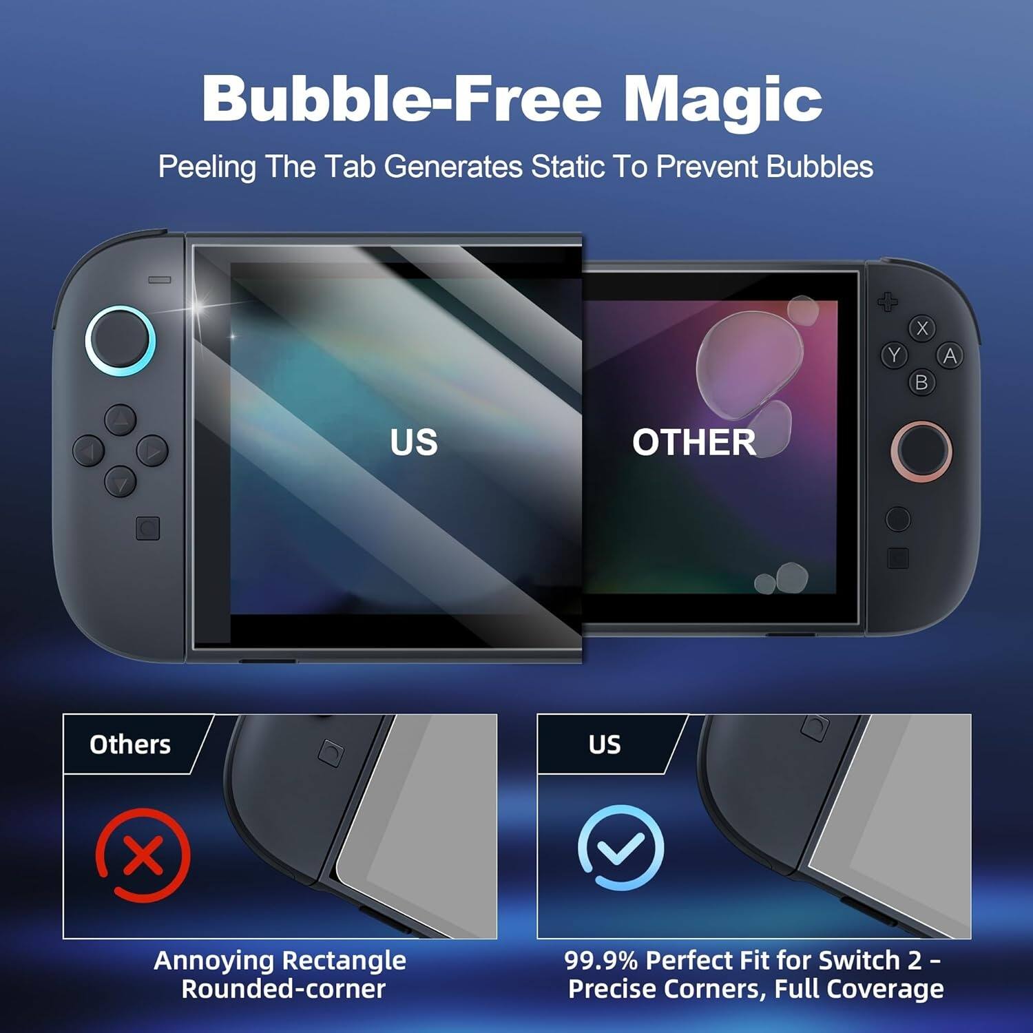 Bubble-Free Magic  
Peeling The Tab Generates Static To Prevent Bubbles  

US  
OTHER  

Others  
Annoying Rectangle Rounded-corner  

US  
99.9% Perfect Fit for Switch 2 - Precise Corners, Full Coverage