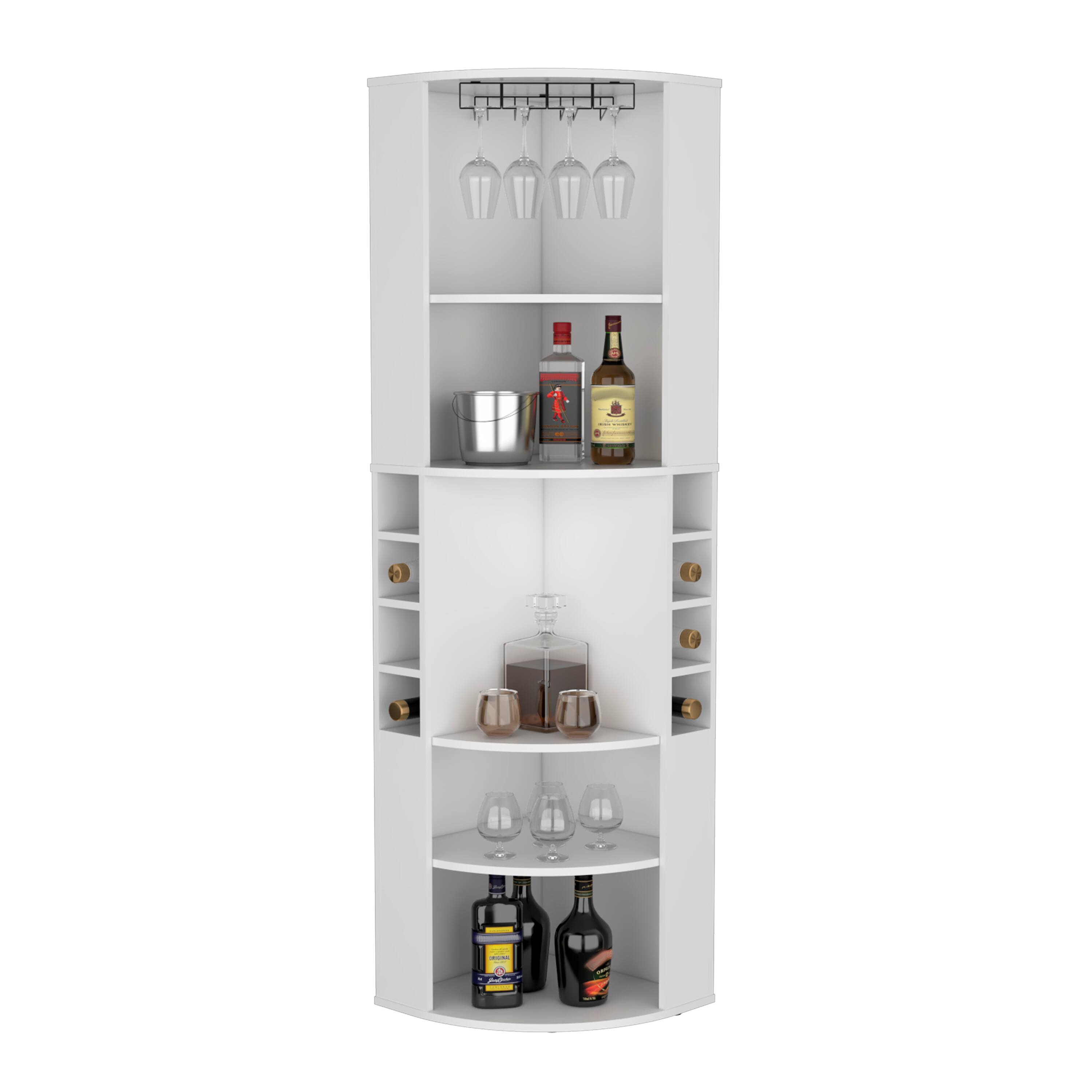 Back. TuHome - Oban Corner Bar Cabinet with Five Shelves , Bar Room, Eight Bottle Cubbies And Steamware. - White.