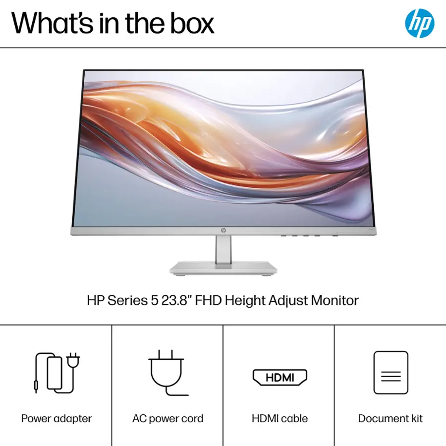 What's in the box: HP Series 5 23.8" FHD Height Adjust Monitor, HDMI, Power adapter, AC power cord, HDMI cable, Document kit.