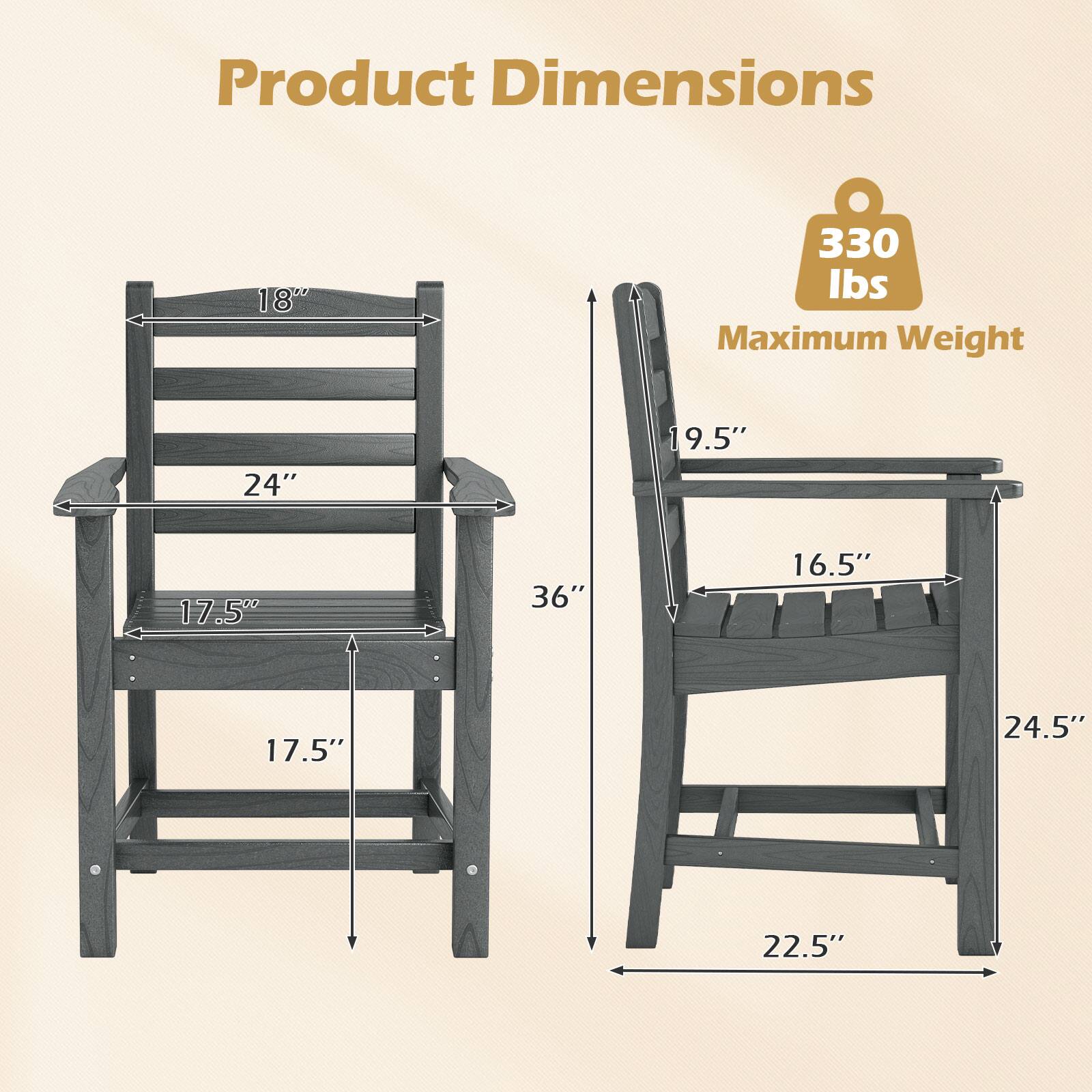 Product Dimensions  
18" x 24" x 17.5" x 17.5" x 36" x 19.5" x 16.5" x 24.5" x 22.5"  
Maximum Weight: 330 lbs
